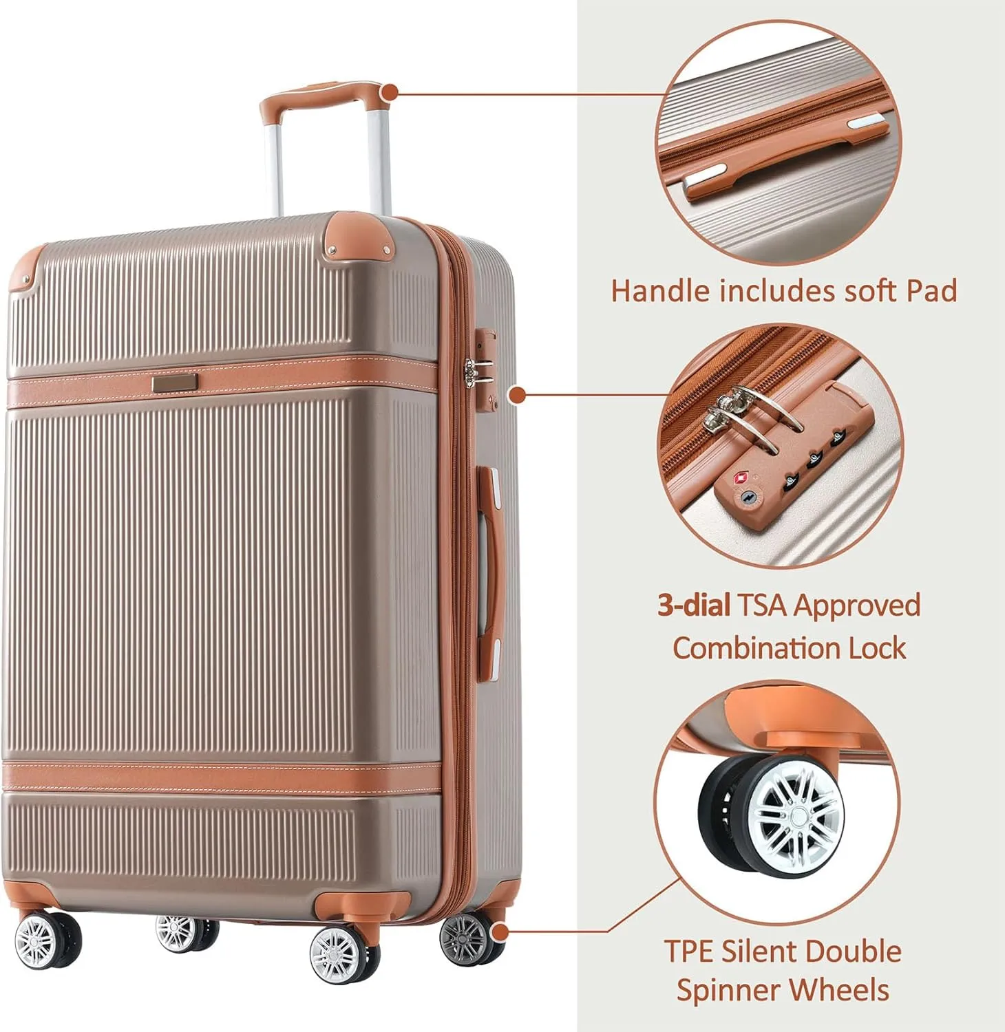 Merax 3 Piece Luggage Set, ABS Hardshell Suitcase with Spinner Wheels and TSA Lock, Lightweight Expandable Suitcase Set, 20” 24” 28”, Coppery