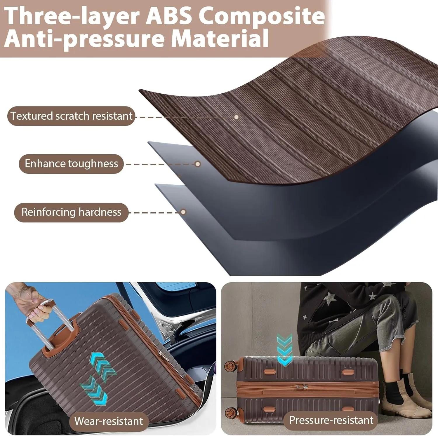 Merax Hardshell Luggage Sets 4 piece Lightweight Suitcases With Wheels TSA Lock Expandable (only 24”/28”) ABS Large Luggage set (Brown)