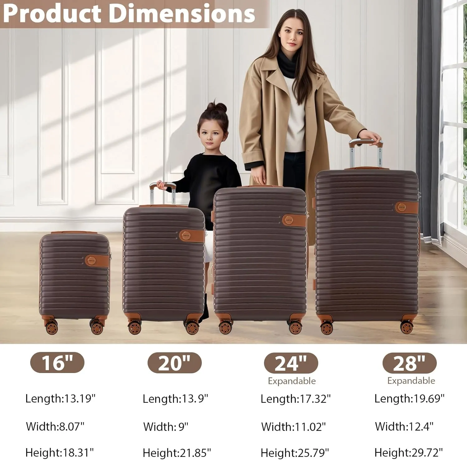 Merax Hardshell Luggage Sets 4 piece Lightweight Suitcases With Wheels TSA Lock Expandable (only 24”/28”) ABS Large Luggage set (Brown)