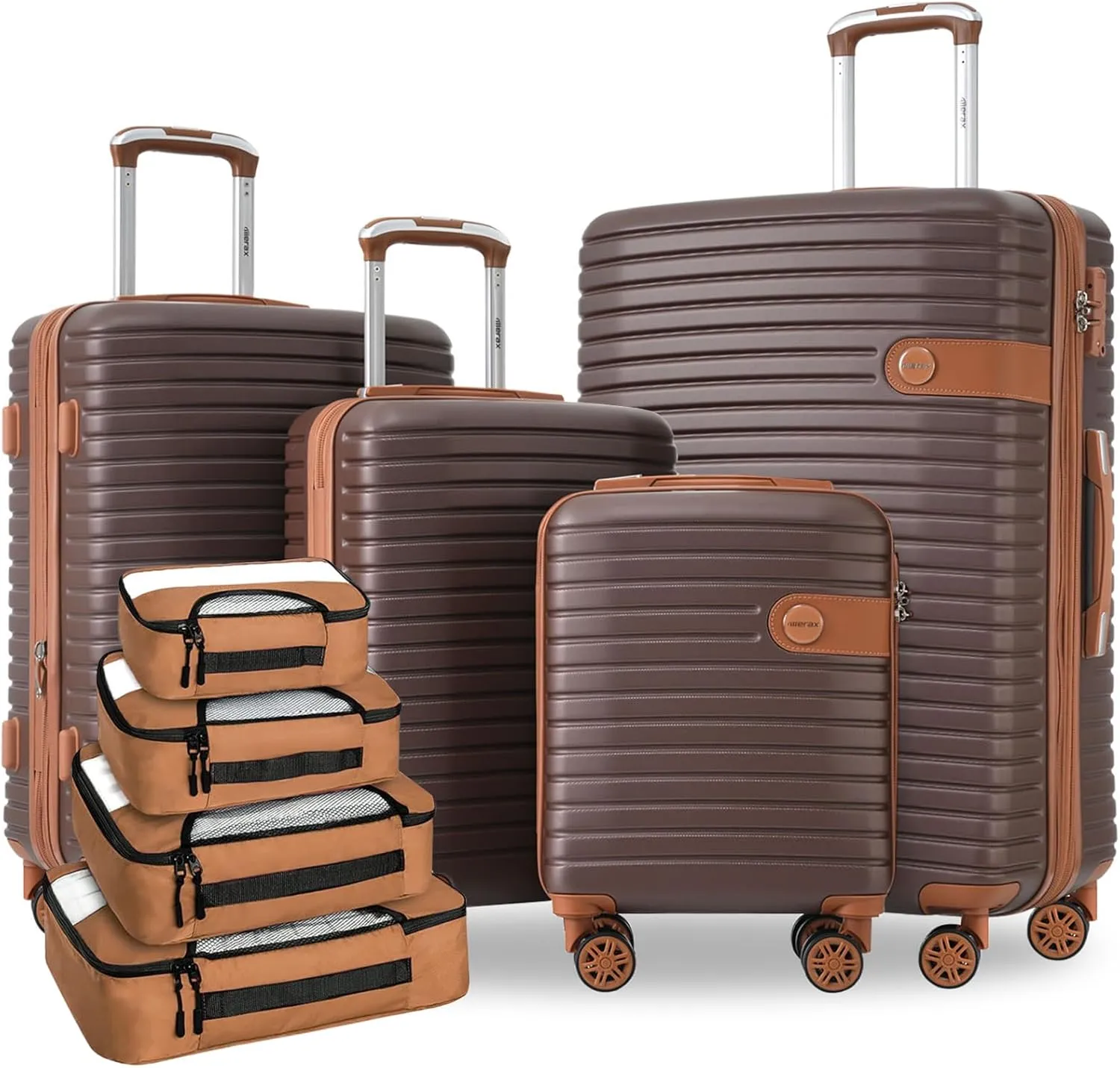 Merax Hardshell Luggage Sets 4 piece Lightweight Suitcases With Wheels TSA Lock Expandable (only 24”/28”) ABS Large Luggage set (Brown)