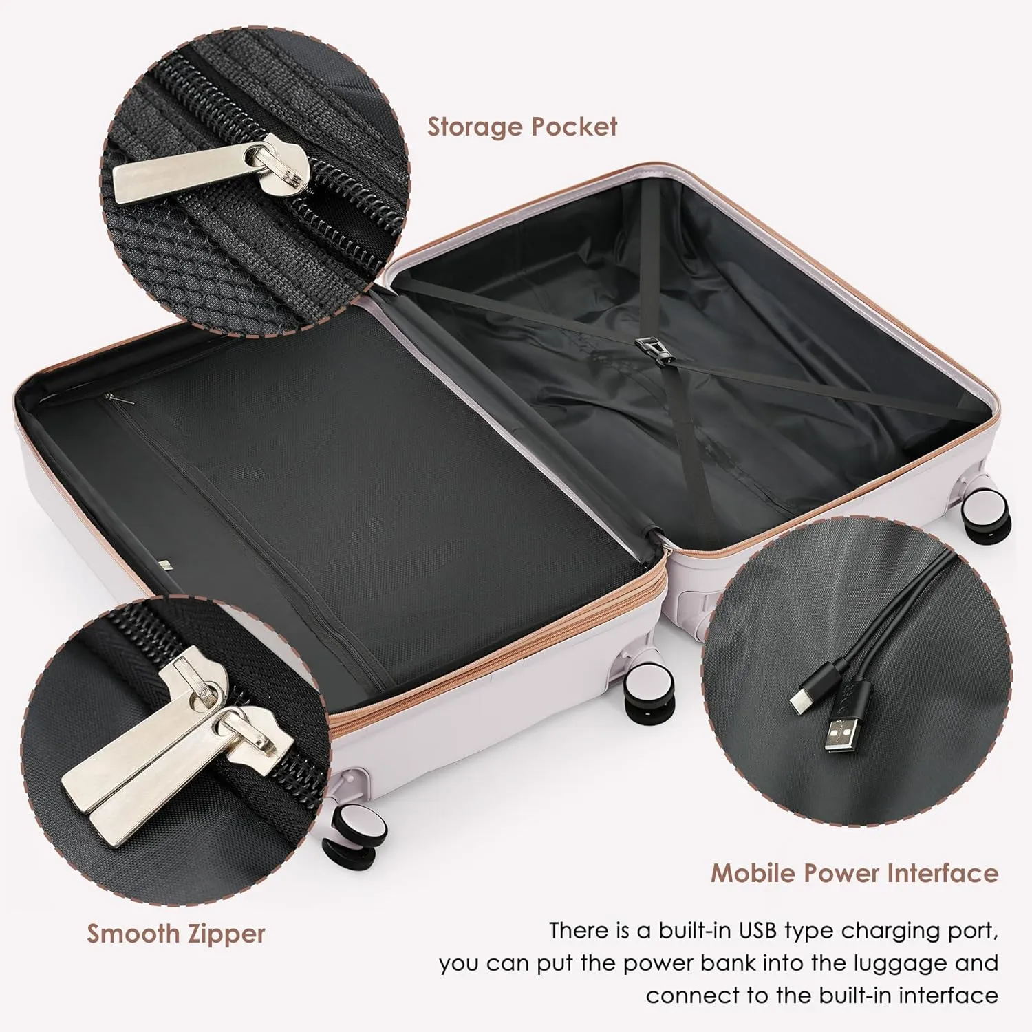 Merax Luggage Front-Opening with USB Port Hardshell Suitcase Sets with Cup Holder, Light Grey, 20/24/28 in