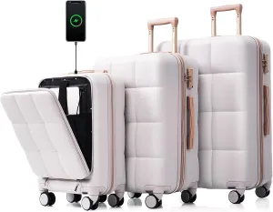 Merax Luggage Front-Opening with USB Port Hardshell Suitcase Sets with Cup Holder, Light Grey, 20/24/28 in