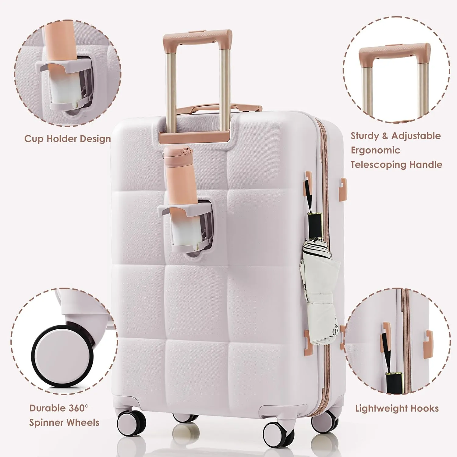 Merax Luggage Front-Opening with USB Port Hardshell Suitcase Sets with Cup Holder, Light Grey, 20/24/28 in