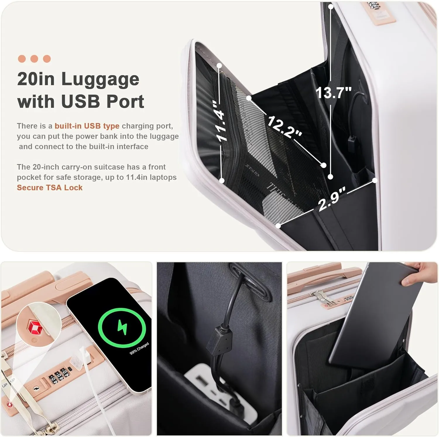 Merax Luggage Front-Opening with USB Port Hardshell Suitcase Sets with Cup Holder, Light Grey, 20/24/28 in