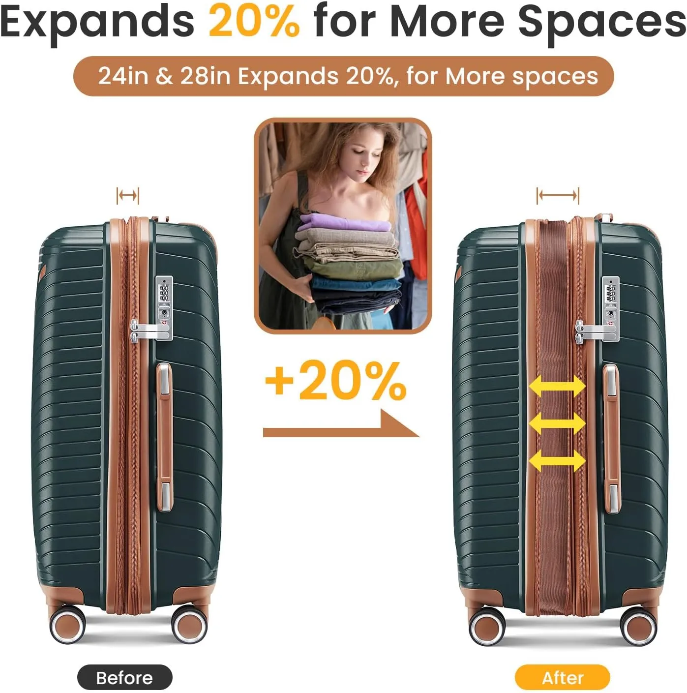 Merax Luggage Set of 4, Expandable Lightweight Suitcase with 4 Double 360 Degrees Mute Spinner Wheels and TSA Lock, PP Materials, 14”20”24”28”, Army Green