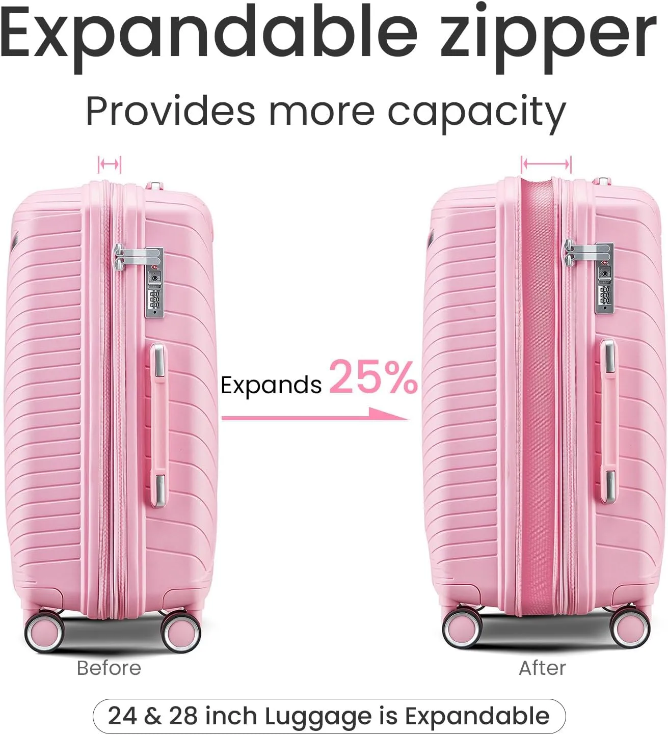 Merax Luggage Set of 4, Expandable Lightweight Suitcase with 4 Double 360 Degrees Mute Spinner Wheels and TSA Lock, PP Materials, 14”20”24”28”, Pink