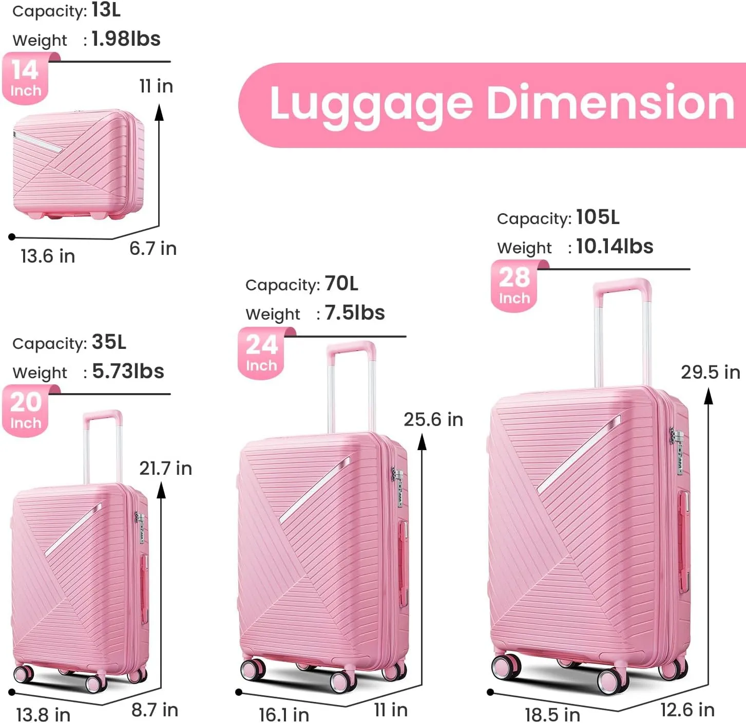 Merax Luggage Set of 4, Expandable Lightweight Suitcase with 4 Double 360 Degrees Mute Spinner Wheels and TSA Lock, PP Materials, 14”20”24”28”, Pink