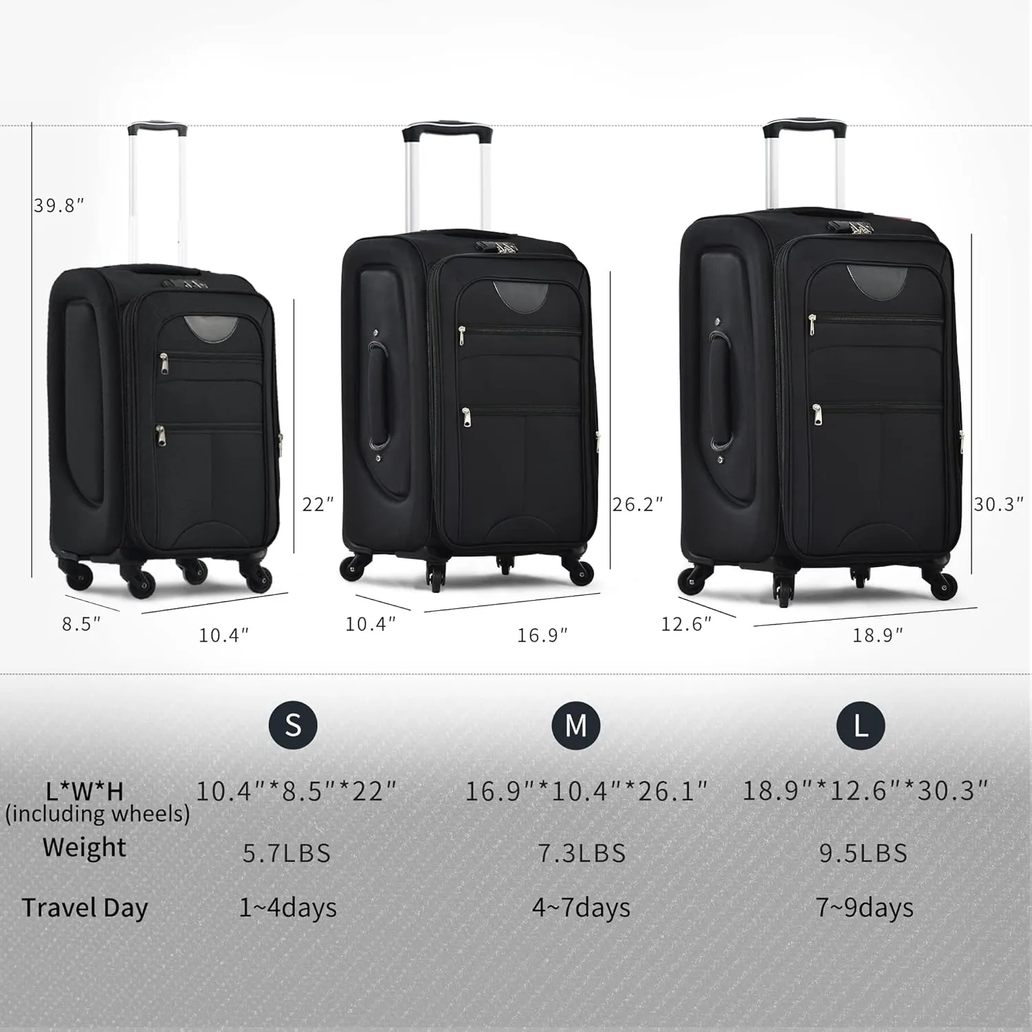 Merax Luggage Set, Softside Suitcase 3 Piece, Expandable Lightweight Luggage Sets with Duffel Bag 22" 26" 30" Suitcase with Wheels TSA Lock,Black