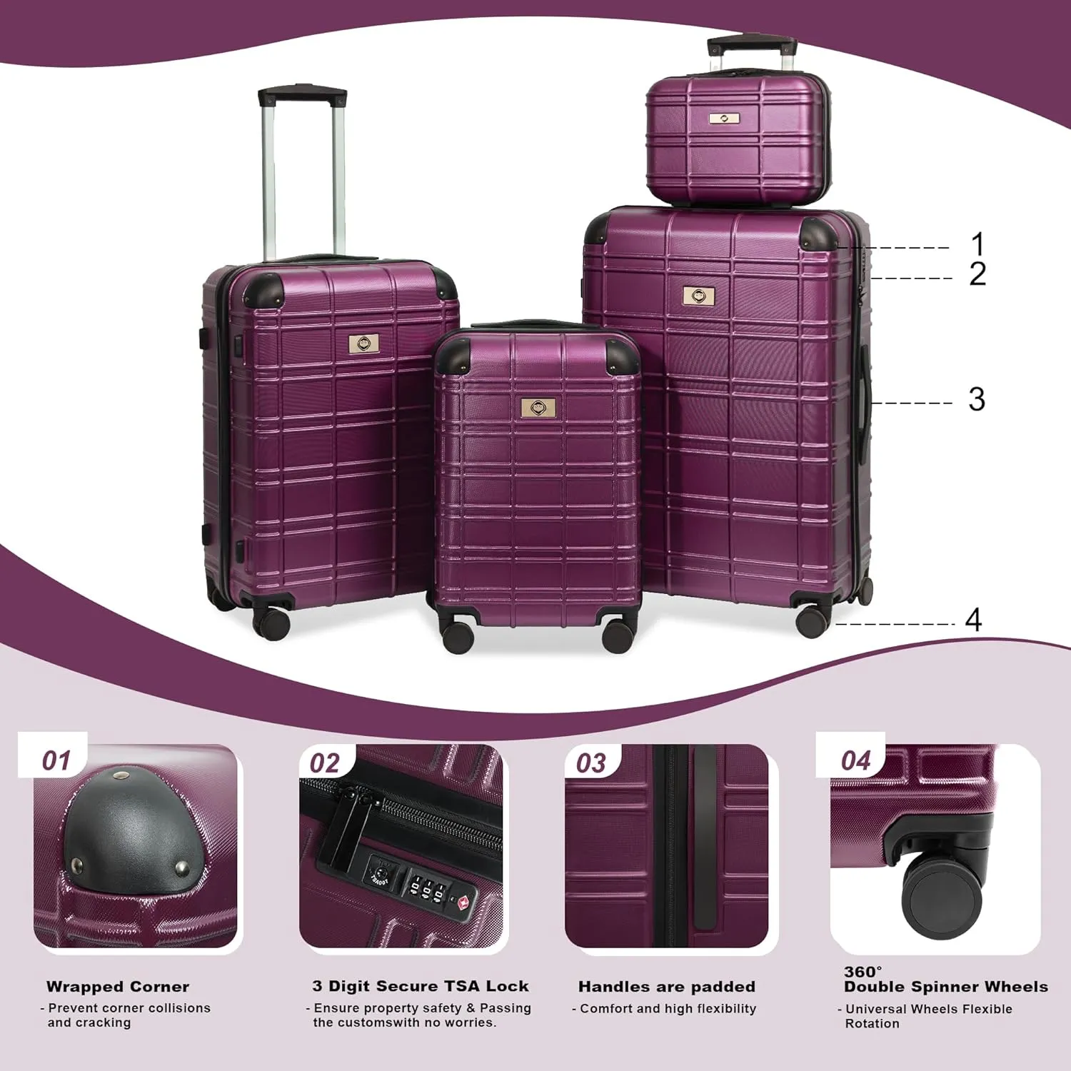 Merax Luggage Women with TSA Lock Spinner Wheel 4 Pc Suitcase Sets, Purple(Grid-Like), 12/20/24/28 Inch