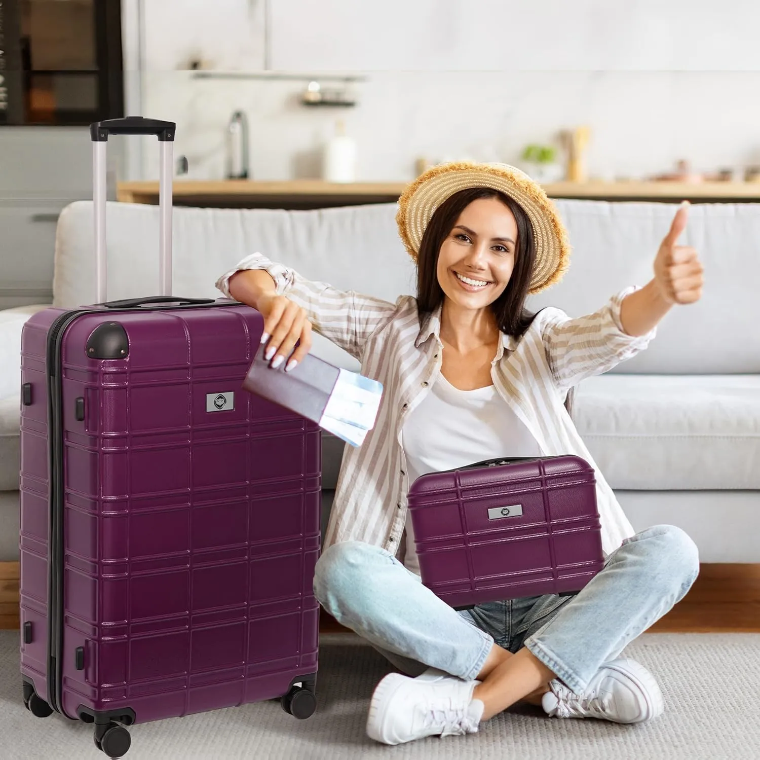 Merax Luggage Women with TSA Lock Spinner Wheel 4 Pc Suitcase Sets, Purple(Grid-Like), 12/20/24/28 Inch