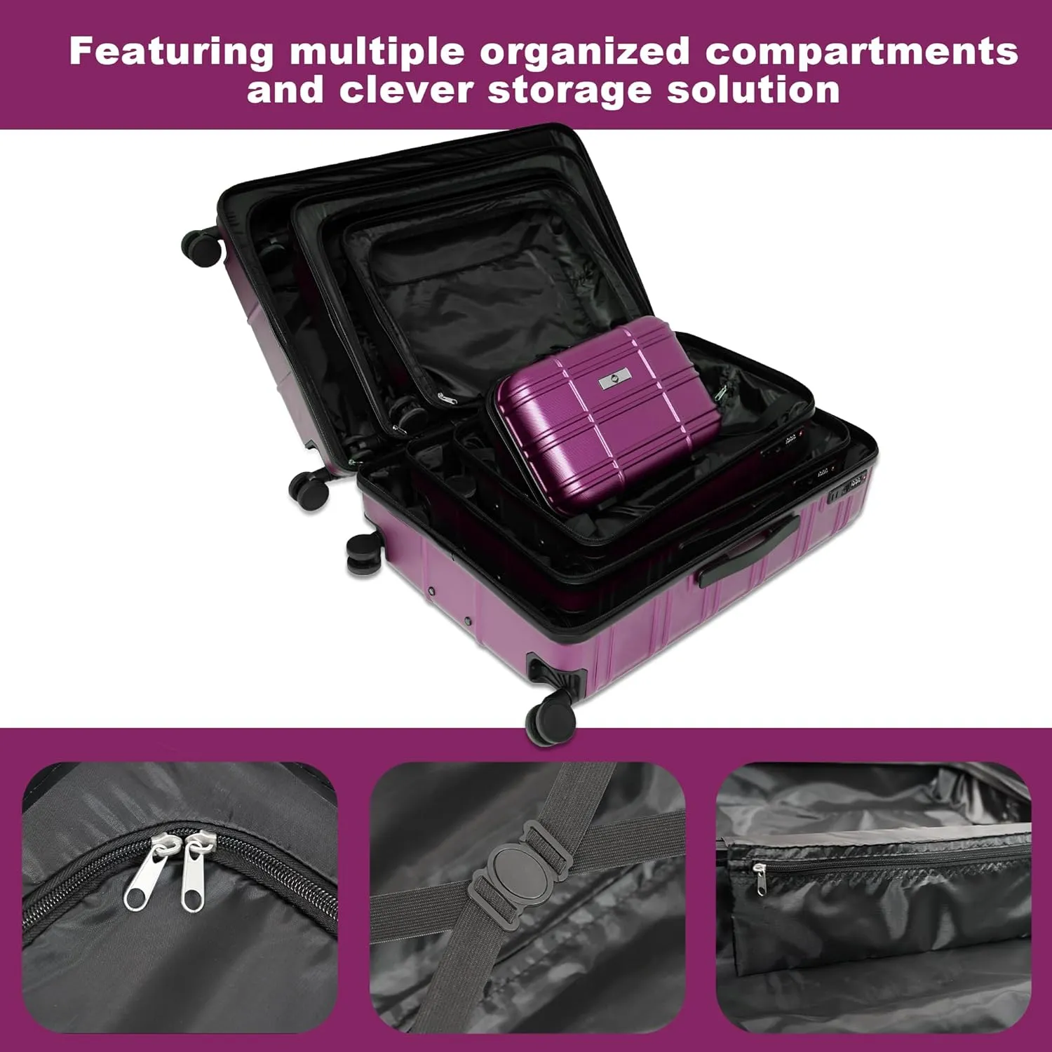 Merax Luggage Women with TSA Lock Spinner Wheel 4 Pc Suitcase Sets, Purple(Grid-Like), 12/20/24/28 Inch
