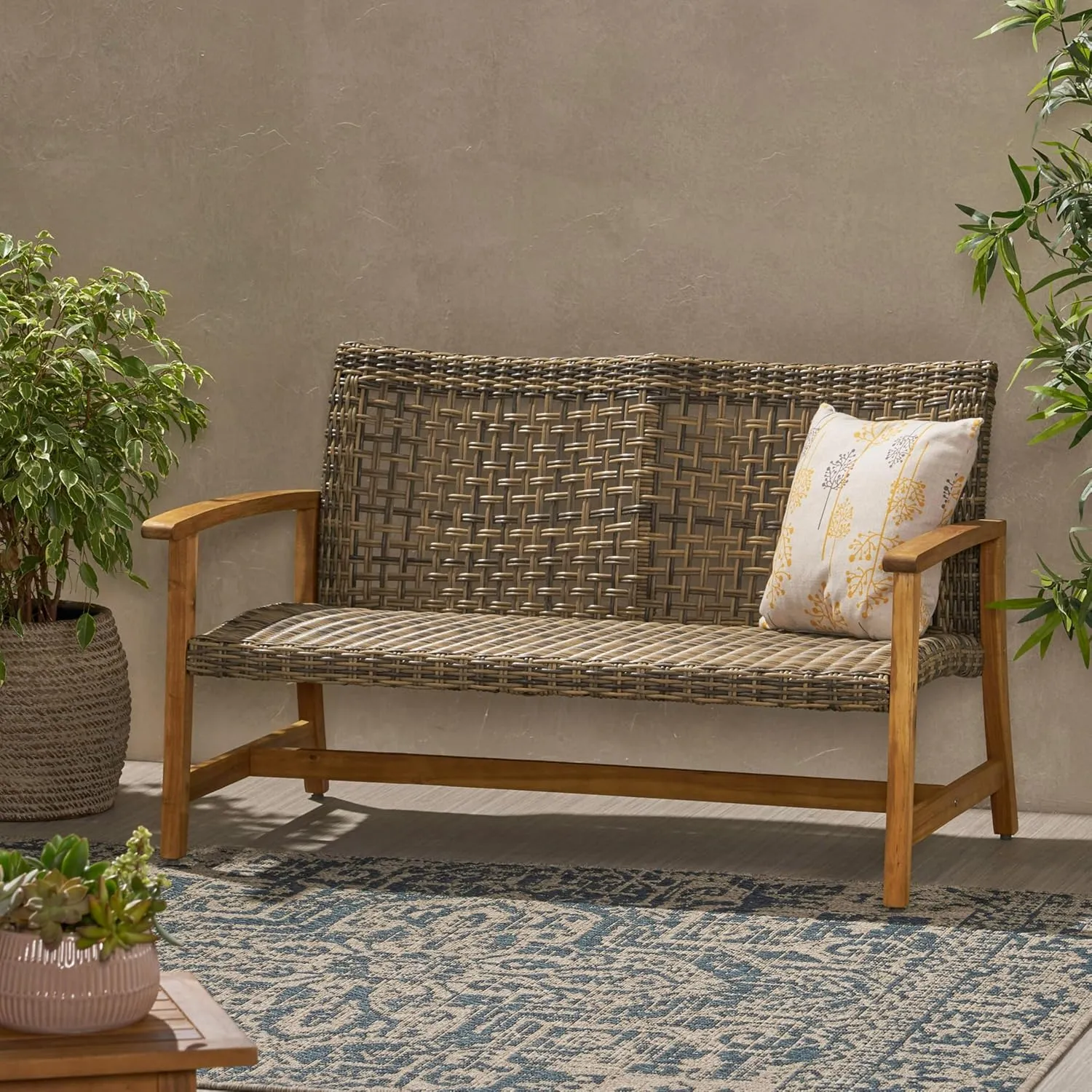 Merax Outdoor Patio Wicker Sofa, Small Casual Couch Loveseat with High Back & Armrest, Acacia Wooden Furniture for Backyard Garden, Waterr Resistant, Iron Seat Frame, Brown
