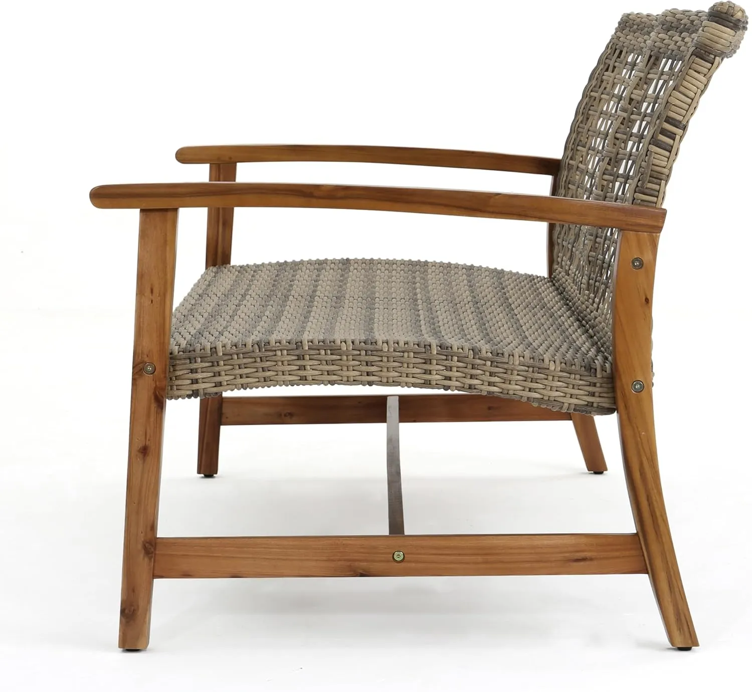 Merax Outdoor Patio Wicker Sofa, Small Casual Couch Loveseat with High Back & Armrest, Acacia Wooden Furniture for Backyard Garden, Waterr Resistant, Iron Seat Frame, Brown