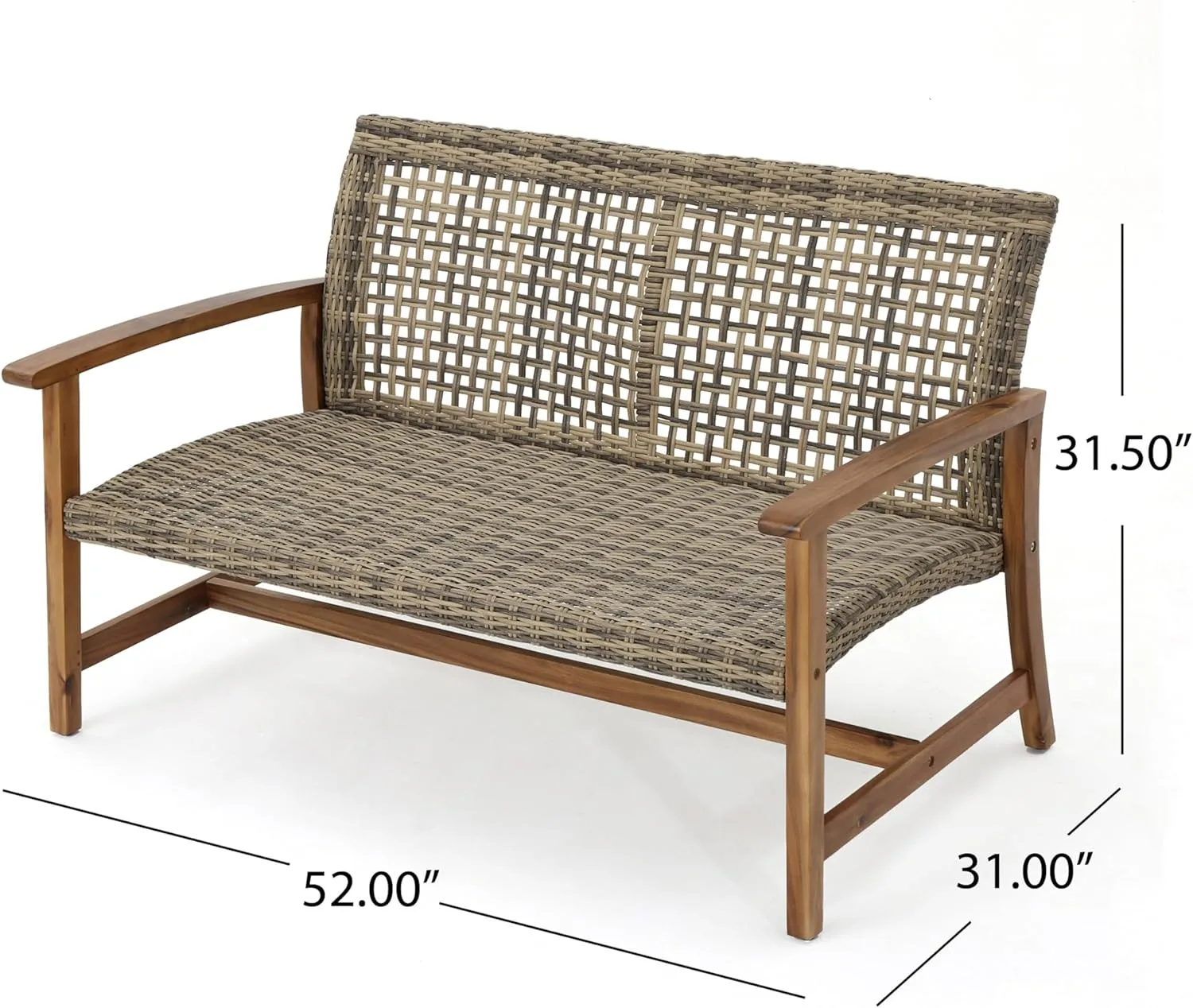 Merax Outdoor Patio Wicker Sofa, Small Casual Couch Loveseat with High Back & Armrest, Acacia Wooden Furniture for Backyard Garden, Waterr Resistant, Iron Seat Frame, Brown