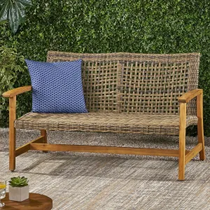 Merax Outdoor Patio Wicker Sofa, Small Casual Couch Loveseat with High Back & Armrest, Acacia Wooden Furniture for Backyard Garden, Waterr Resistant, Iron Seat Frame, Brown