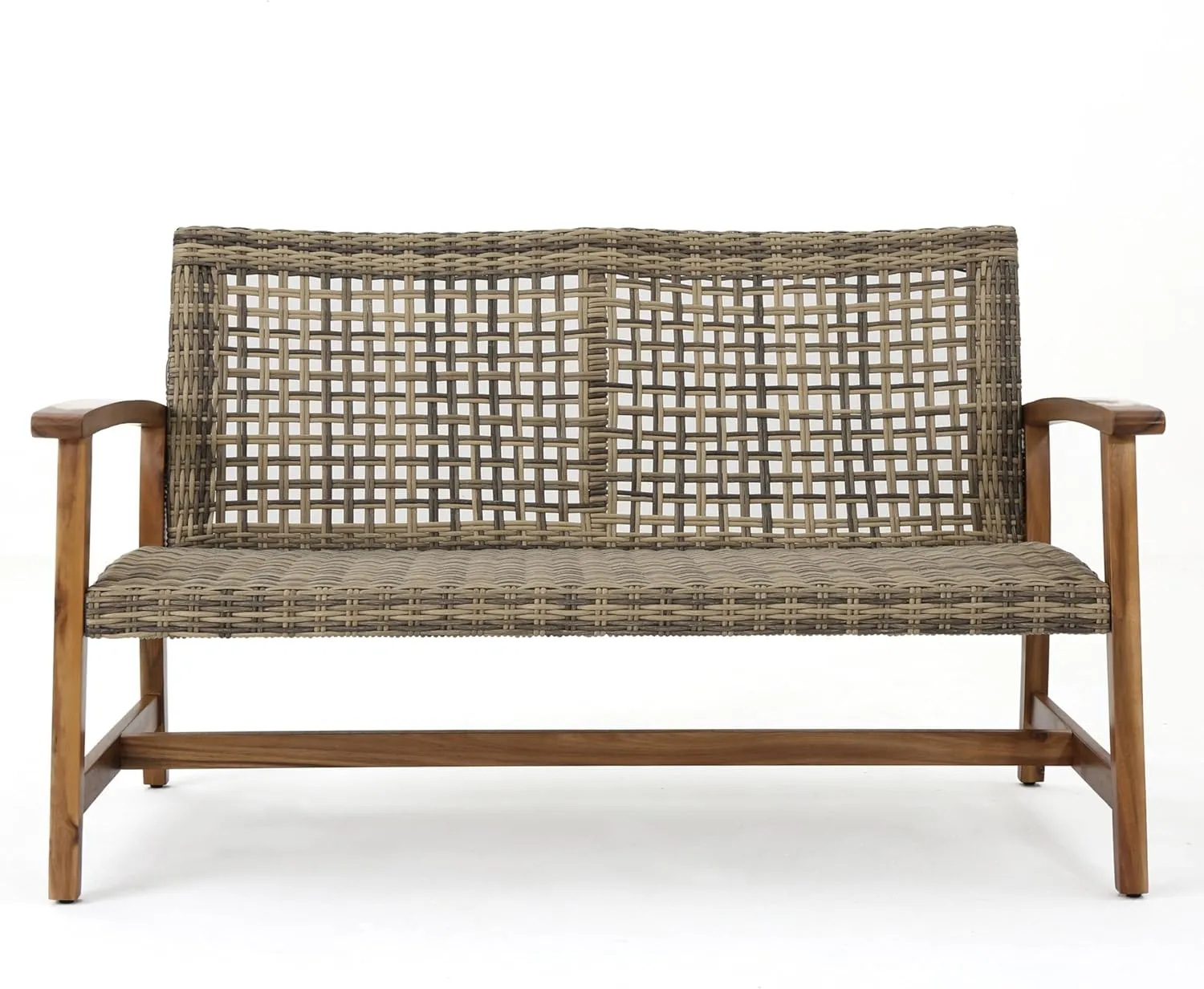 Merax Outdoor Patio Wicker Sofa, Small Casual Couch Loveseat with High Back & Armrest, Acacia Wooden Furniture for Backyard Garden, Waterr Resistant, Iron Seat Frame, Brown
