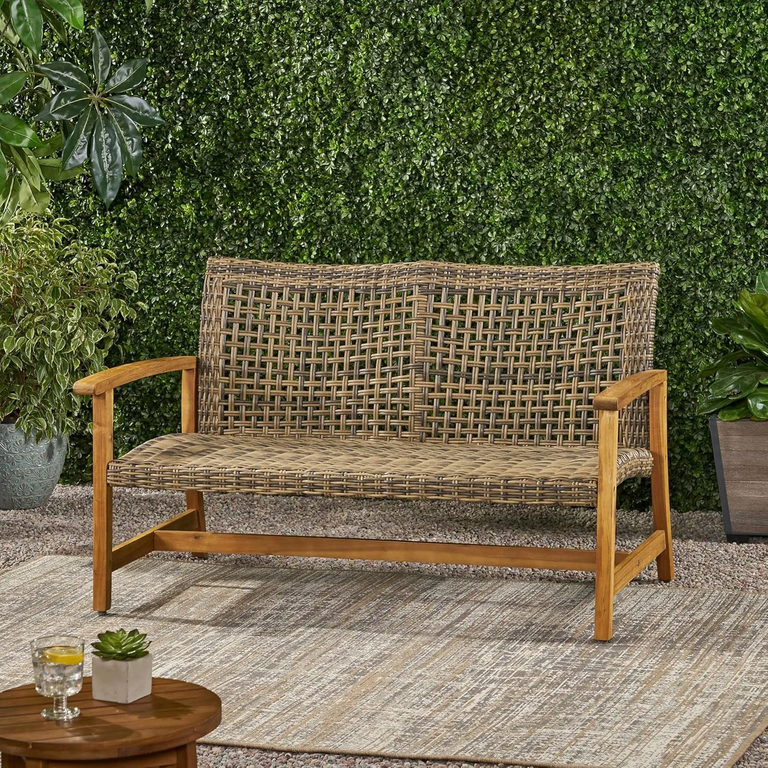Merax Outdoor Patio Wicker Sofa, Small Casual Couch Loveseat with High Back & Armrest, Acacia Wooden Furniture for Backyard Garden, Waterr Resistant, Iron Seat Frame, Brown