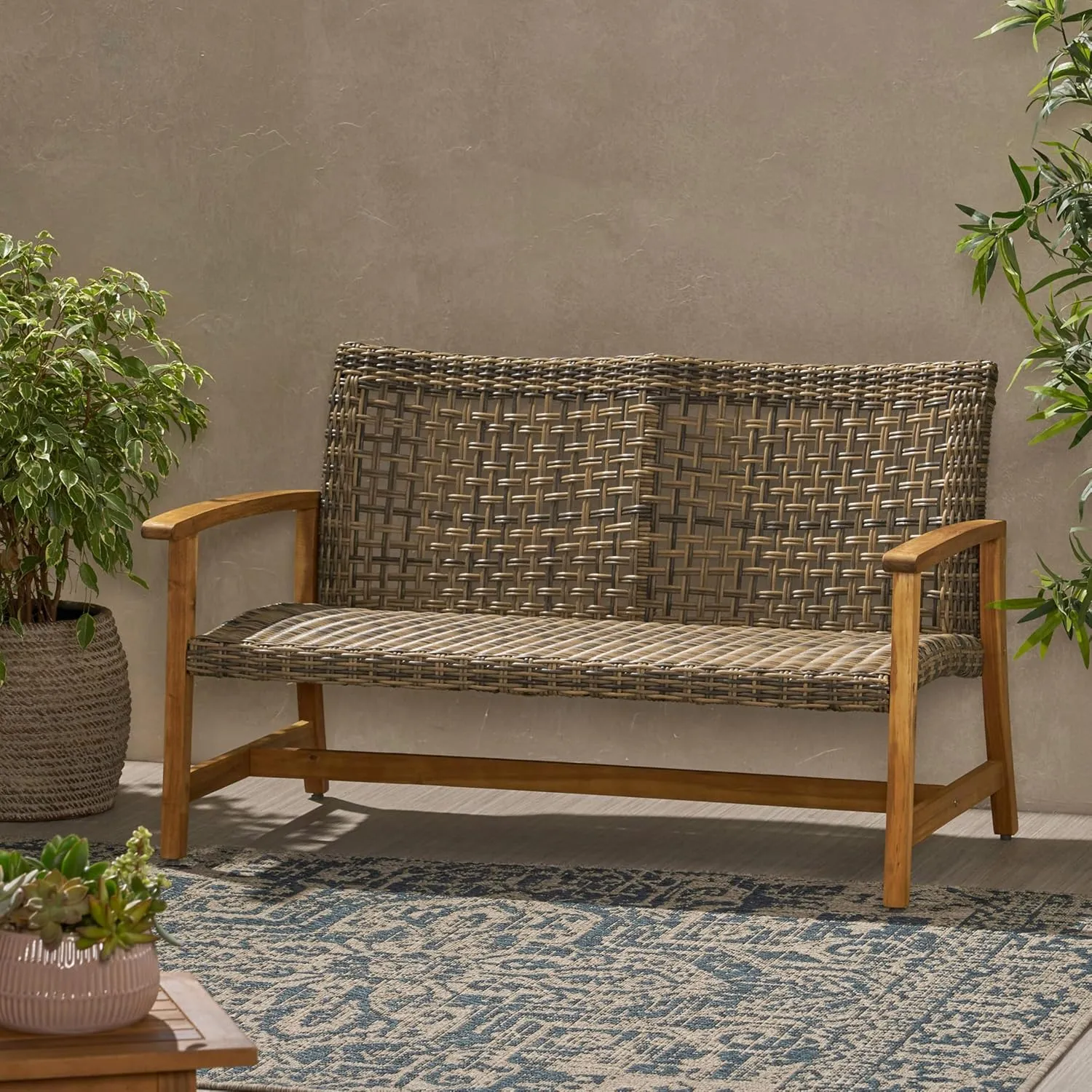 Merax Outdoor Patio Wicker Sofa, Small Casual Couch Loveseat with High Back & Armrest, Acacia Wooden Furniture for Backyard Garden, Waterr Resistant, Iron Seat Frame, Brown
