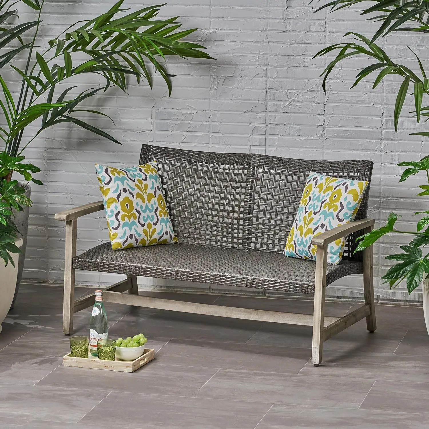 Merax Outdoor Patio Wicker Sofa, Small Casual Couch Loveseat with High Back & Armrest, Acacia Wooden Furniture for Backyard Garden, Waterr Resistant, Iron Seat Frame, Grey