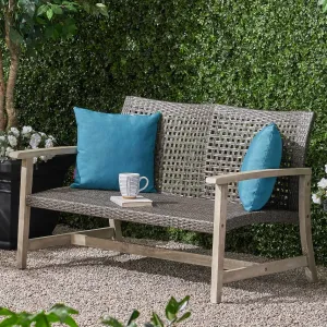 Merax Outdoor Patio Wicker Sofa, Small Casual Couch Loveseat with High Back & Armrest, Acacia Wooden Furniture for Backyard Garden, Waterr Resistant, Iron Seat Frame, Grey