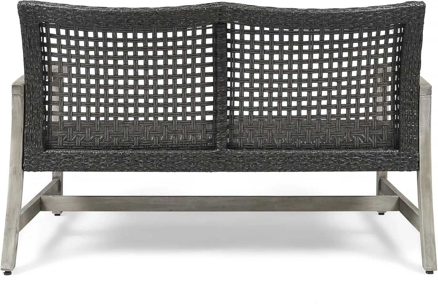 Merax Outdoor Patio Wicker Sofa, Small Casual Couch Loveseat with High Back & Armrest, Acacia Wooden Furniture for Backyard Garden, Waterr Resistant, Iron Seat Frame, Grey