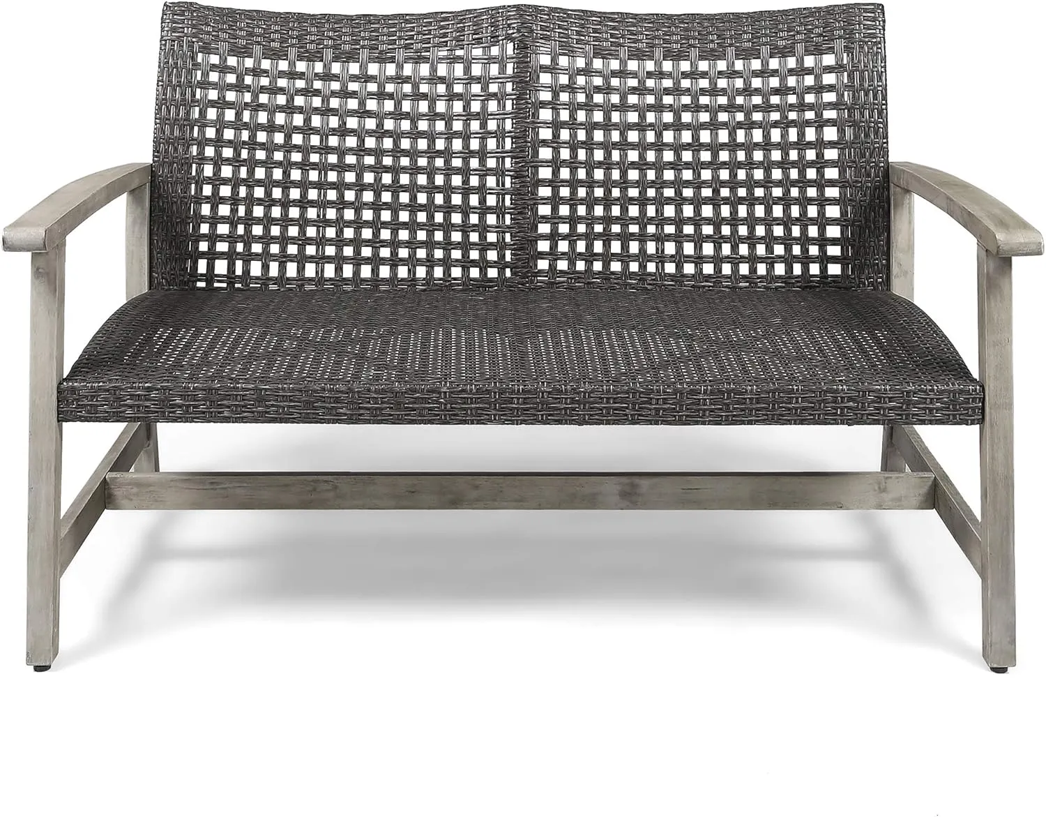 Merax Outdoor Patio Wicker Sofa, Small Casual Couch Loveseat with High Back & Armrest, Acacia Wooden Furniture for Backyard Garden, Waterr Resistant, Iron Seat Frame, Grey