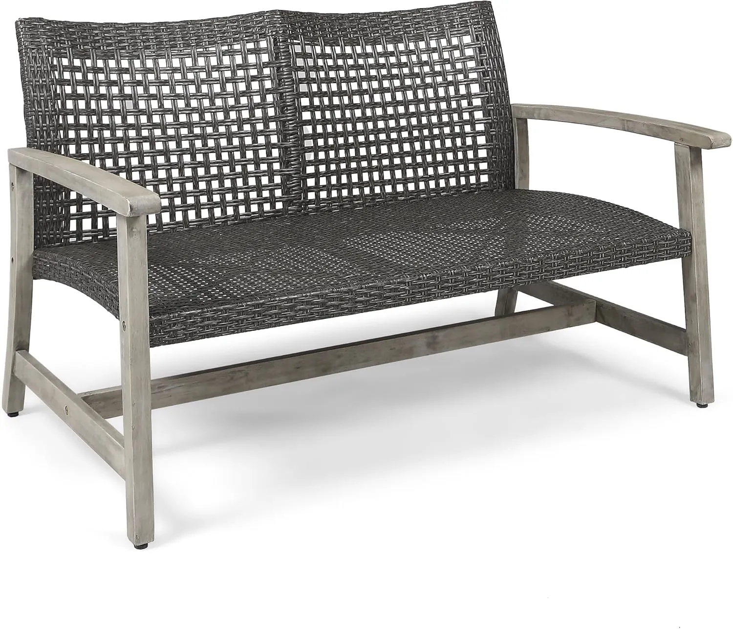 Merax Outdoor Patio Wicker Sofa, Small Casual Couch Loveseat with High Back & Armrest, Acacia Wooden Furniture for Backyard Garden, Waterr Resistant, Iron Seat Frame, Grey