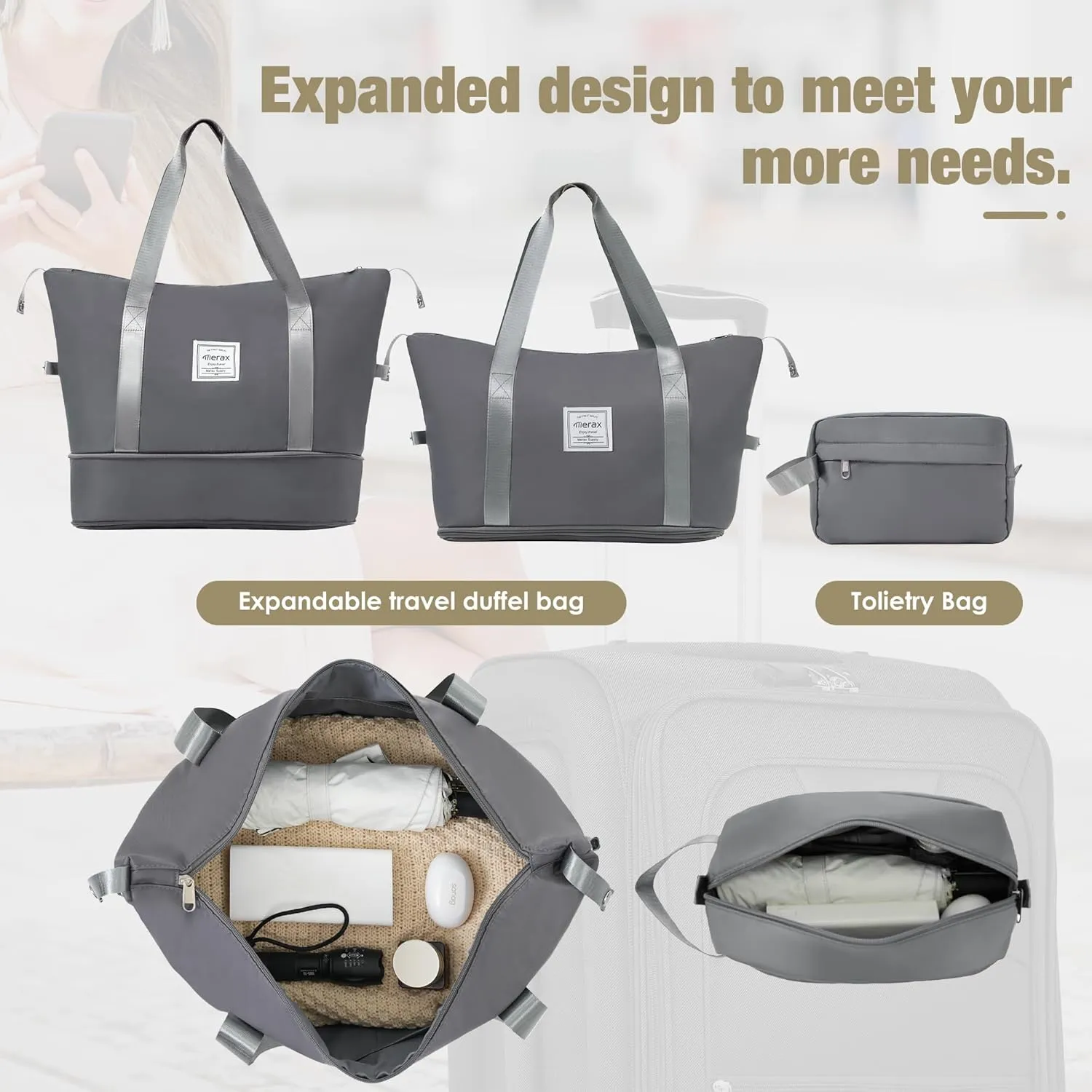 Merax Softside Luggage Set 3 Piece Suitcase with Duffel Bag Spinner Wheels Lightweight Expandable Travel Luggage 22" 26" 30",Grey