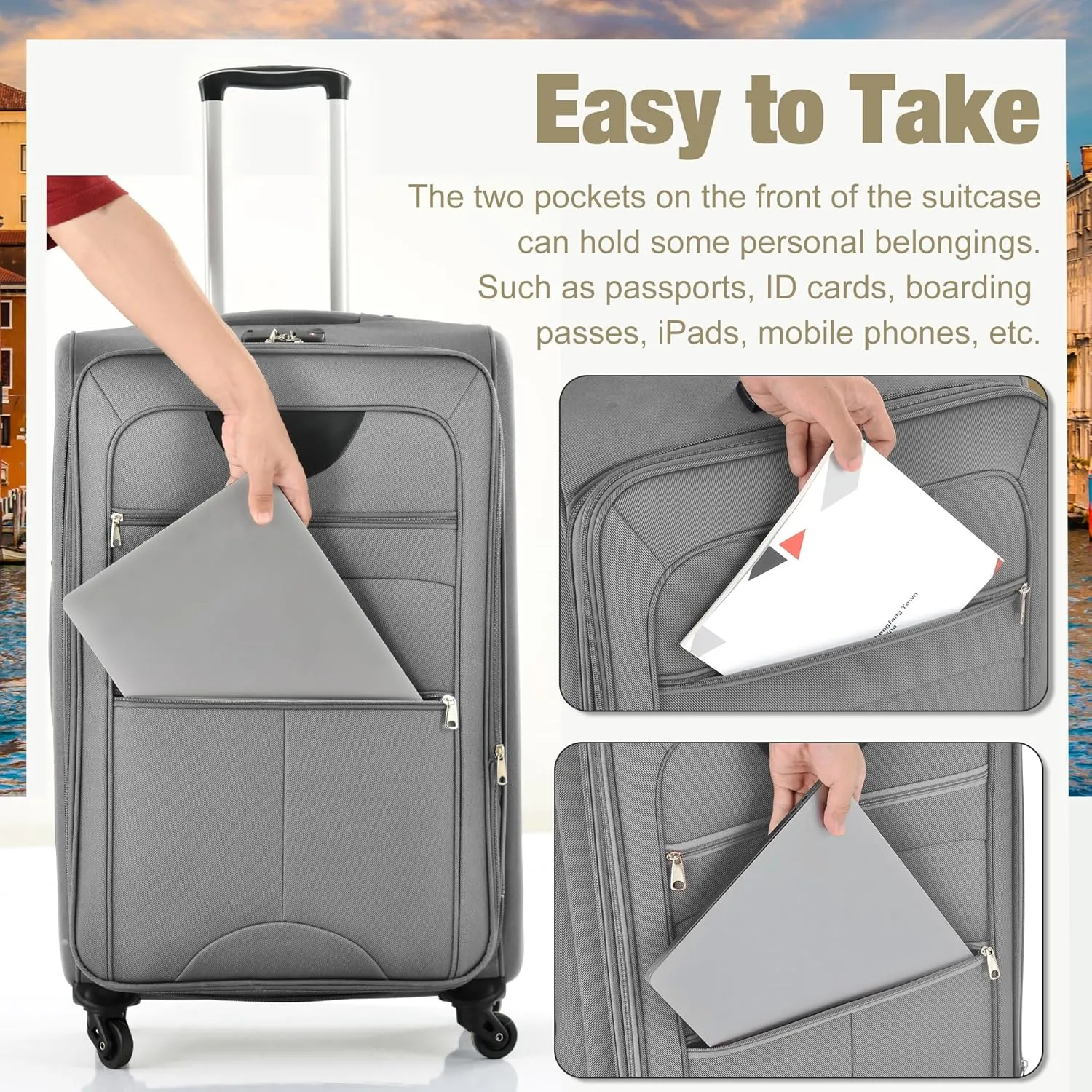 Merax Softside Luggage Set 3 Piece Suitcase with Duffel Bag Spinner Wheels Lightweight Expandable Travel Luggage 22" 26" 30",Grey