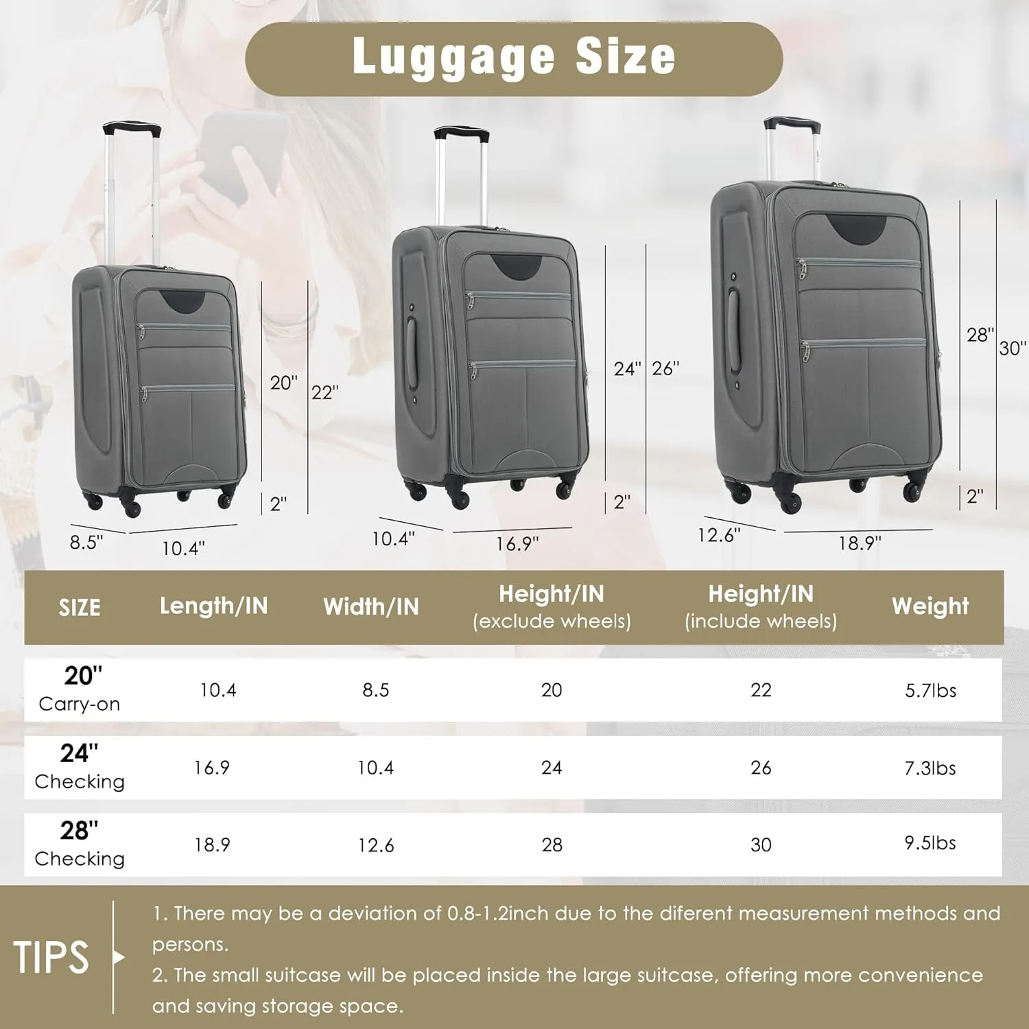 Merax Softside Luggage Set 3 Piece Suitcase with Duffel Bag Spinner Wheels Lightweight Expandable Travel Luggage 22" 26" 30",Grey