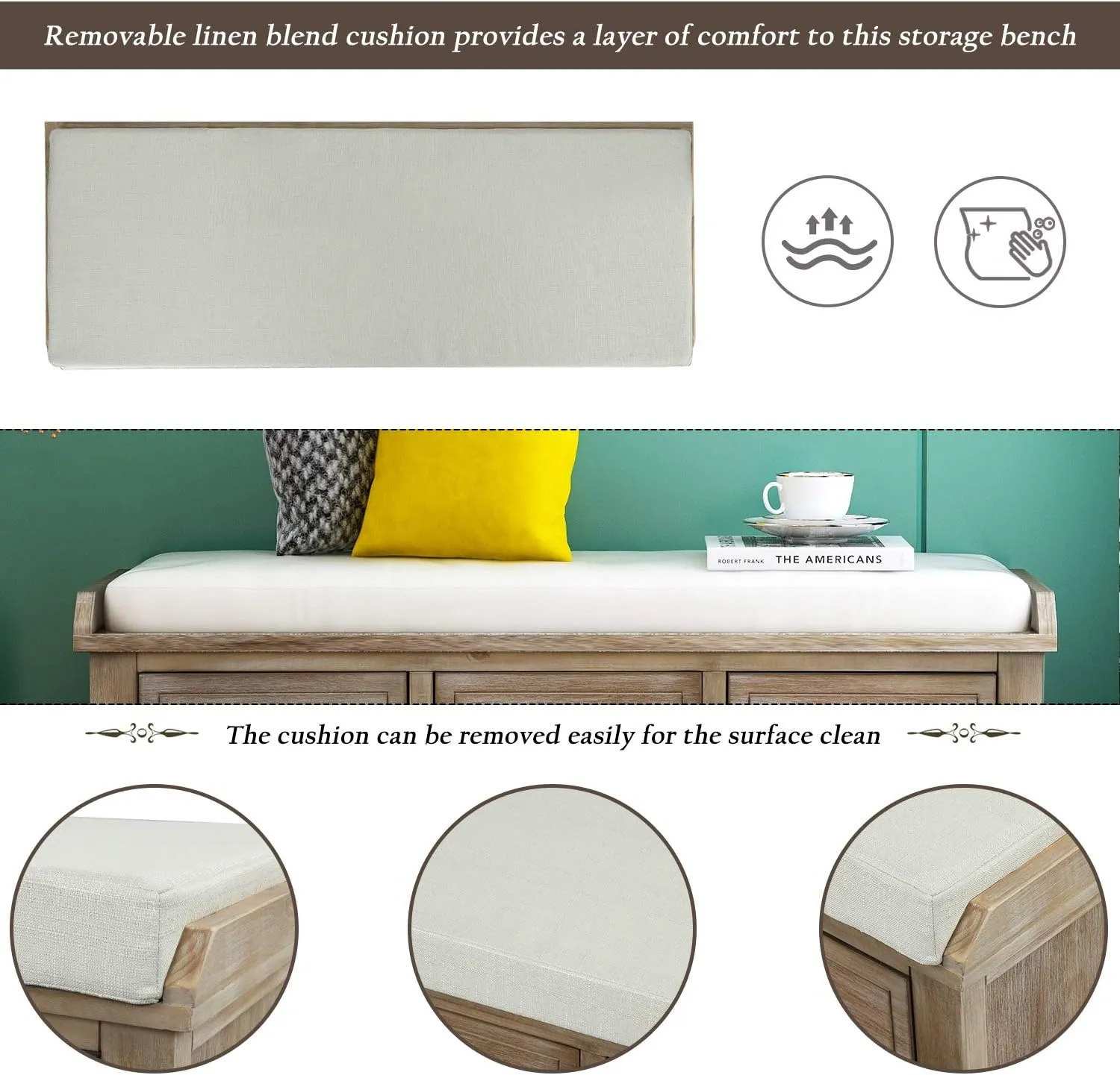 Merax Wood Storage Bench Homes Collection with 3 Removable Rattan Baskets and 3 Drawers,Entryway Storage Bench Shoe Bench with Removable Cushion for Living Room Bedroom