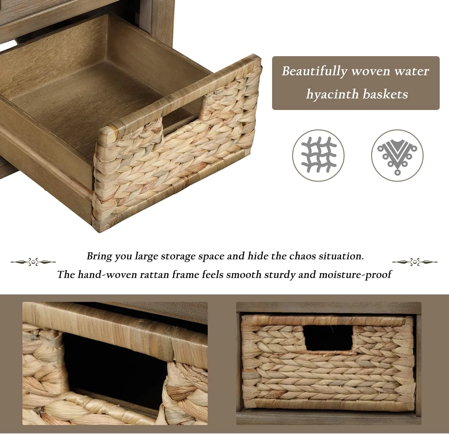 Merax Wood Storage Bench Homes Collection with 3 Removable Rattan Baskets and 3 Drawers,Entryway Storage Bench Shoe Bench with Removable Cushion for Living Room Bedroom