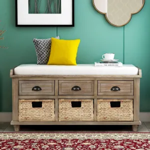 Merax Wood Storage Bench Homes Collection with 3 Removable Rattan Baskets and 3 Drawers,Entryway Storage Bench Shoe Bench with Removable Cushion for Living Room Bedroom