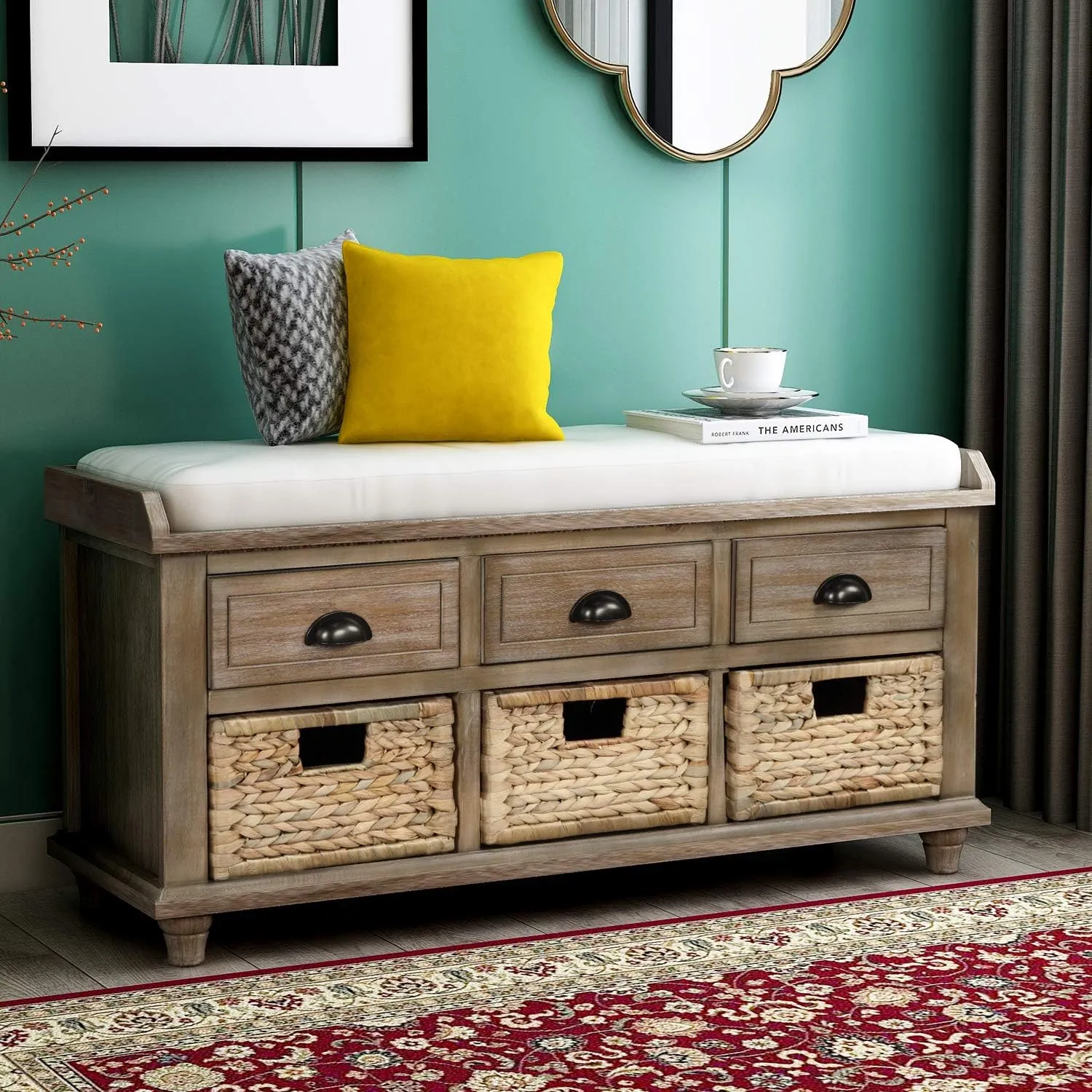 Merax Wood Storage Bench Homes Collection with 3 Removable Rattan Baskets and 3 Drawers,Entryway Storage Bench Shoe Bench with Removable Cushion for Living Room Bedroom