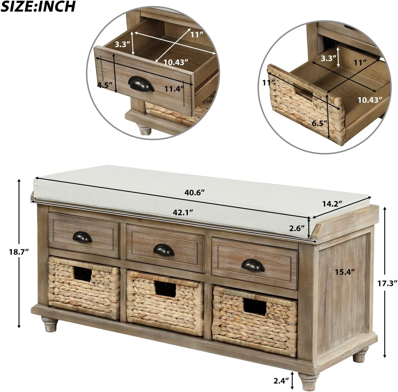 Merax Wood Storage Bench Homes Collection with 3 Removable Rattan Baskets and 3 Drawers,Entryway Storage Bench Shoe Bench with Removable Cushion for Living Room Bedroom
