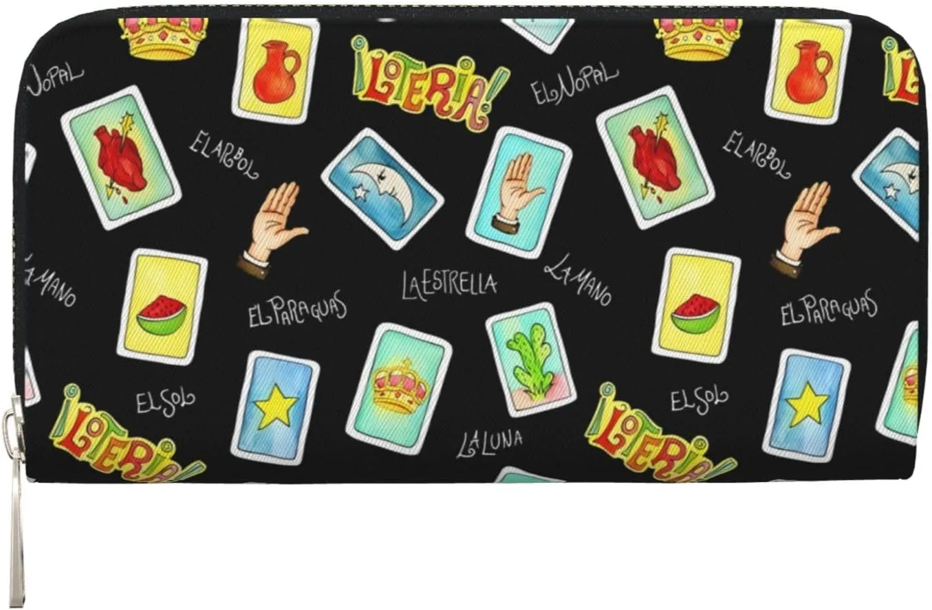 Mexican Loteria Cards Wallets PU Leather Wallet For Women Men Zipper Credit Card Purse Long Clutch Purse