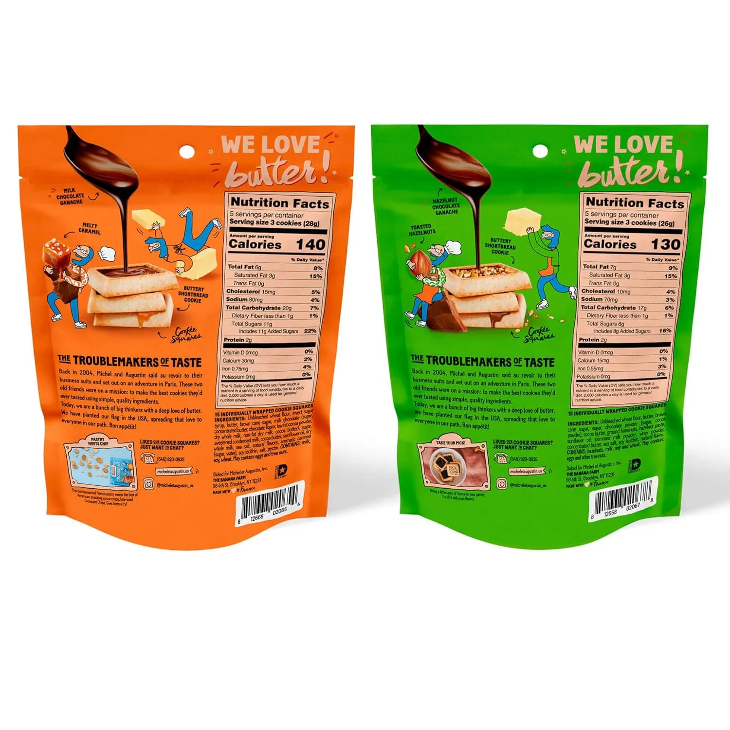 Michel et Augustin Cookie Bag Variety Pack 2 Flavor – Milk Chocolate & Caramel   Milk Chocolate & Hazelnut, 15 Cookies per Bag