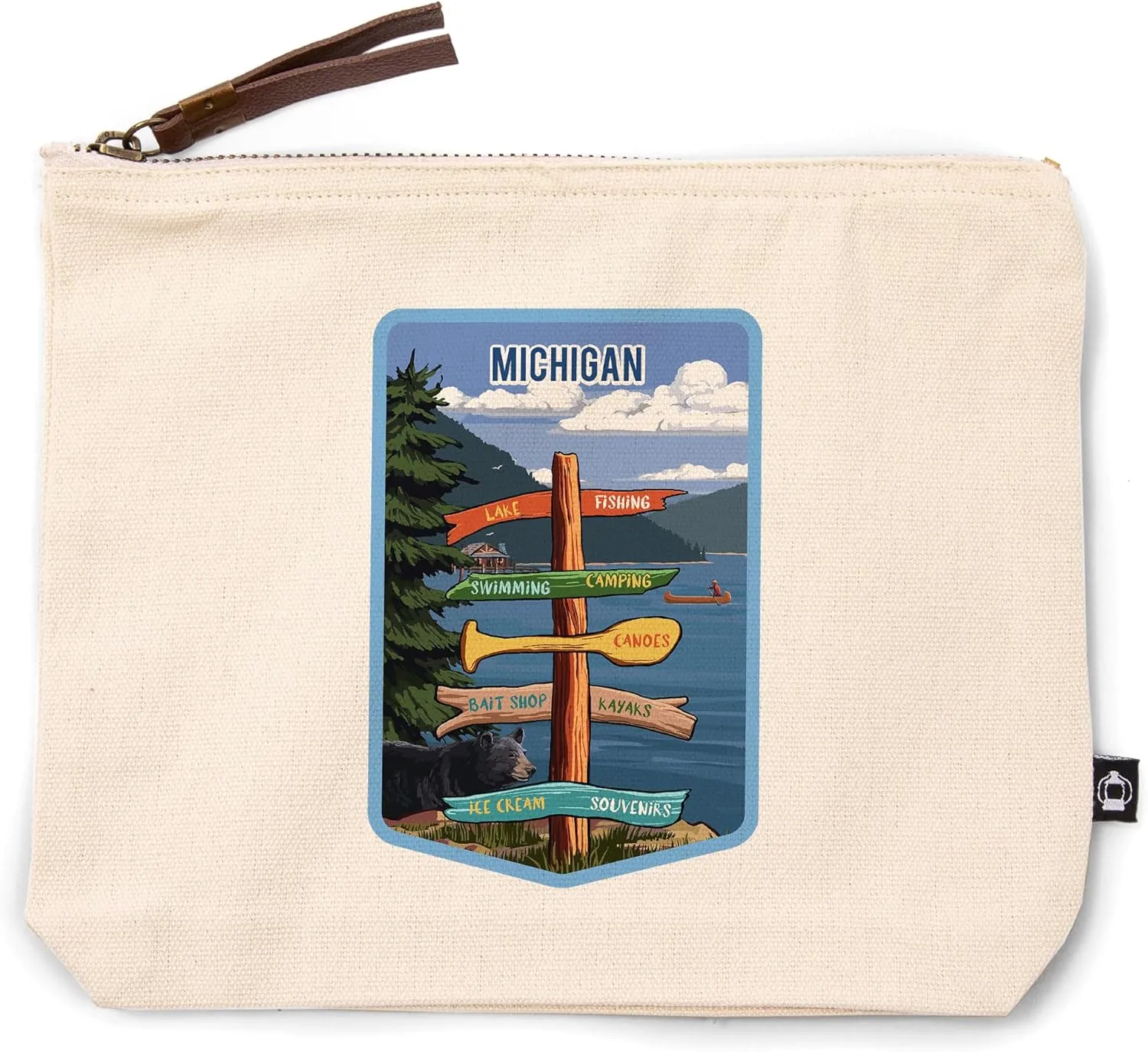 Michigan, Signpost, Lake and Bear, 100% Cotton Zipper Pouch, Travel Accessory, Go Bag