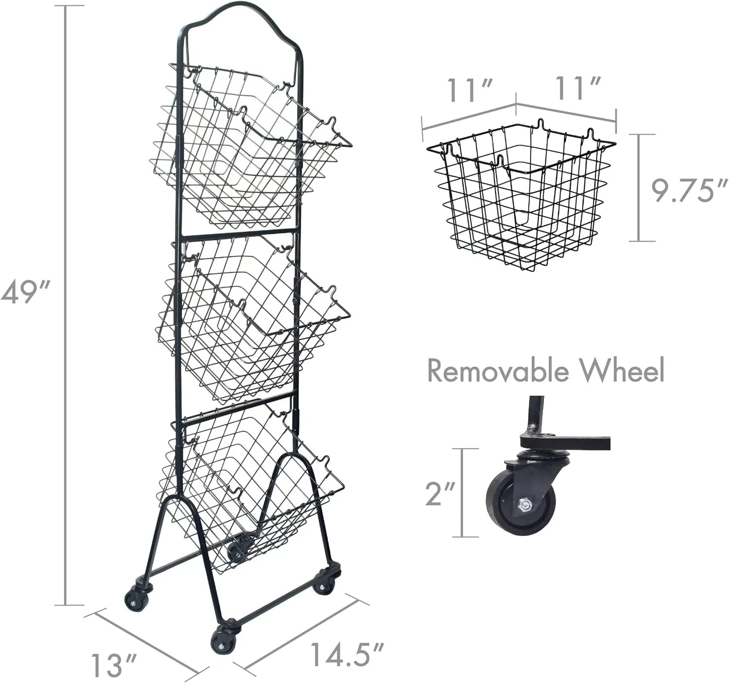 Mikasa Gourmet Basics Rio 3-Tier Rolling Storage Cart for Fruits and Vegetables, 47.75-Inch Metal Stand, Removable Baskets with Wheels, Multi-Tier Produce Organizer - Ideal for Kitchen & Pantry