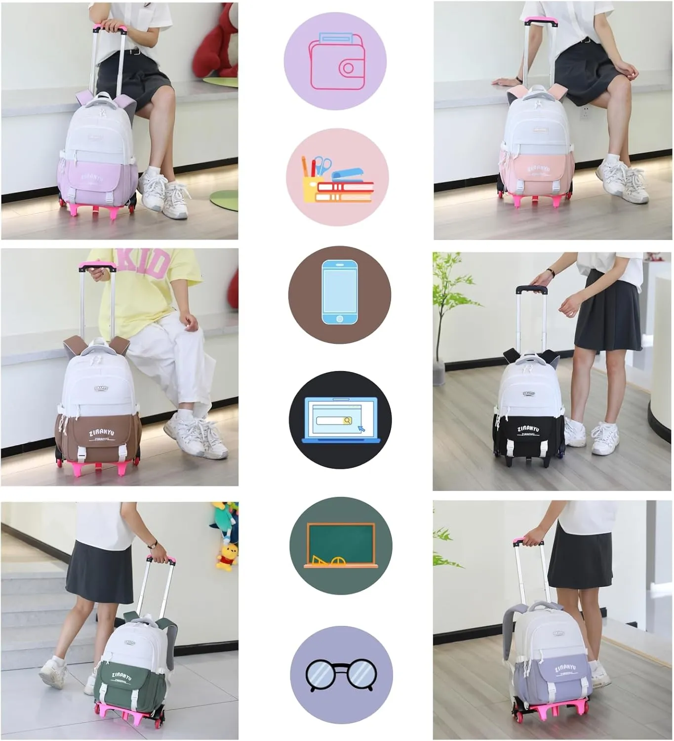 Mildame Rolling Backpack for Girls Boys School Backpack with Wheels Kids Wheeled Bookbag Green Roller Back Pack