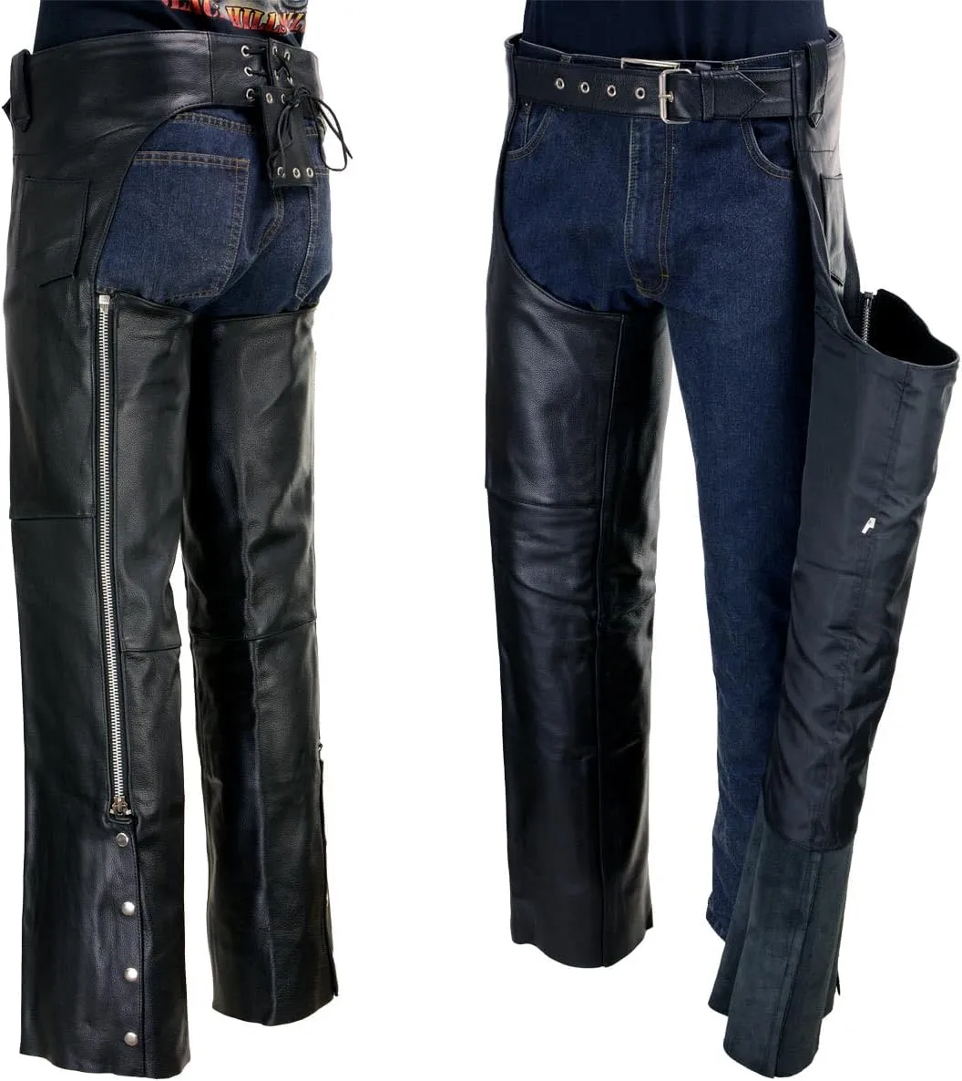Milwaukee Leather LKM5723 Classic Black Leather Unisex Motorcycle Riding Biker Chaps for Men and Women - 34