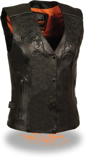 Milwaukee Leather Women's Black Leather Side Lace Motorcycle Rider Vest- Reflective Piping & Tribal Design ML1296