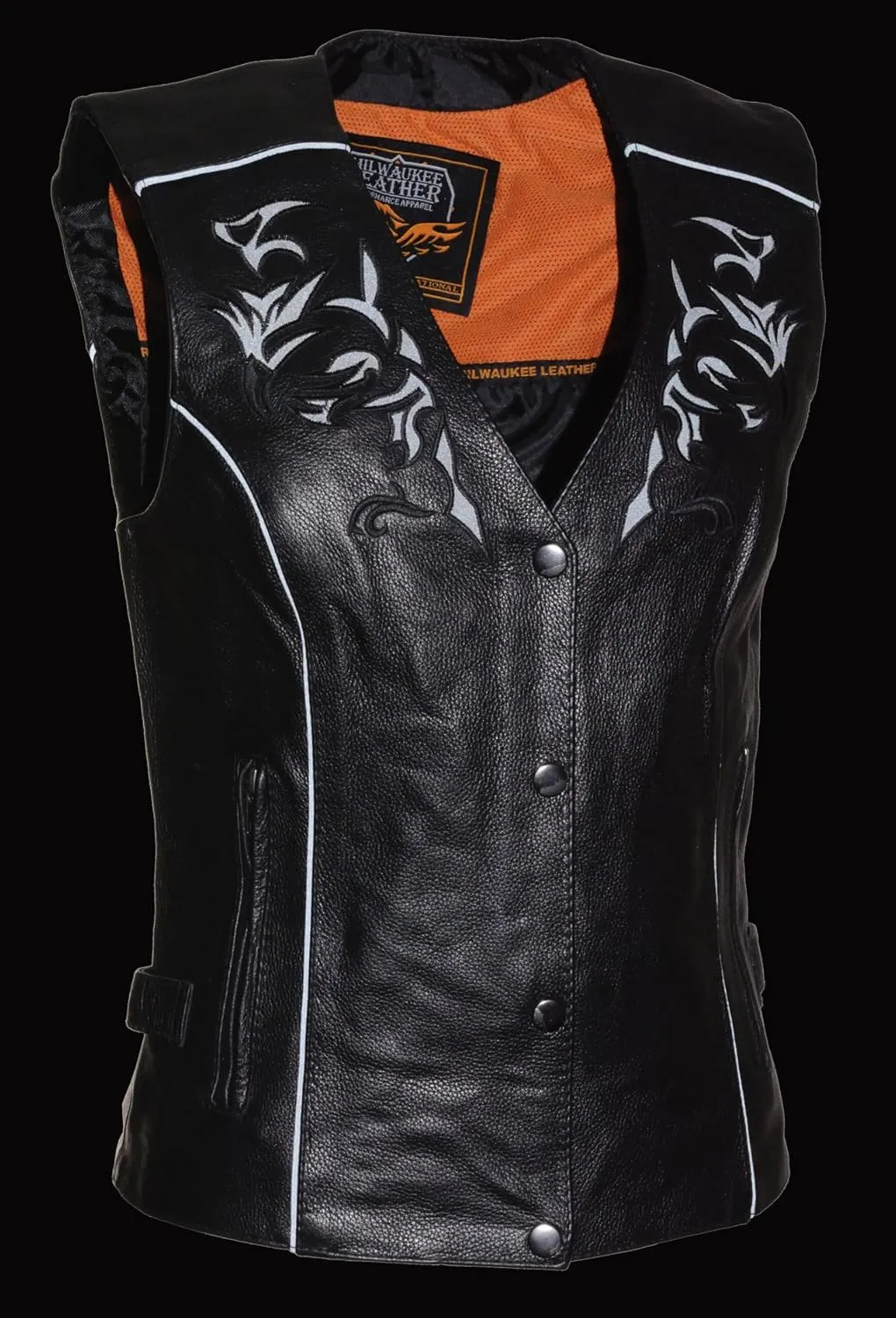 Milwaukee Leather Women's Black Leather Side Lace Motorcycle Rider Vest- Reflective Piping & Tribal Design ML1296