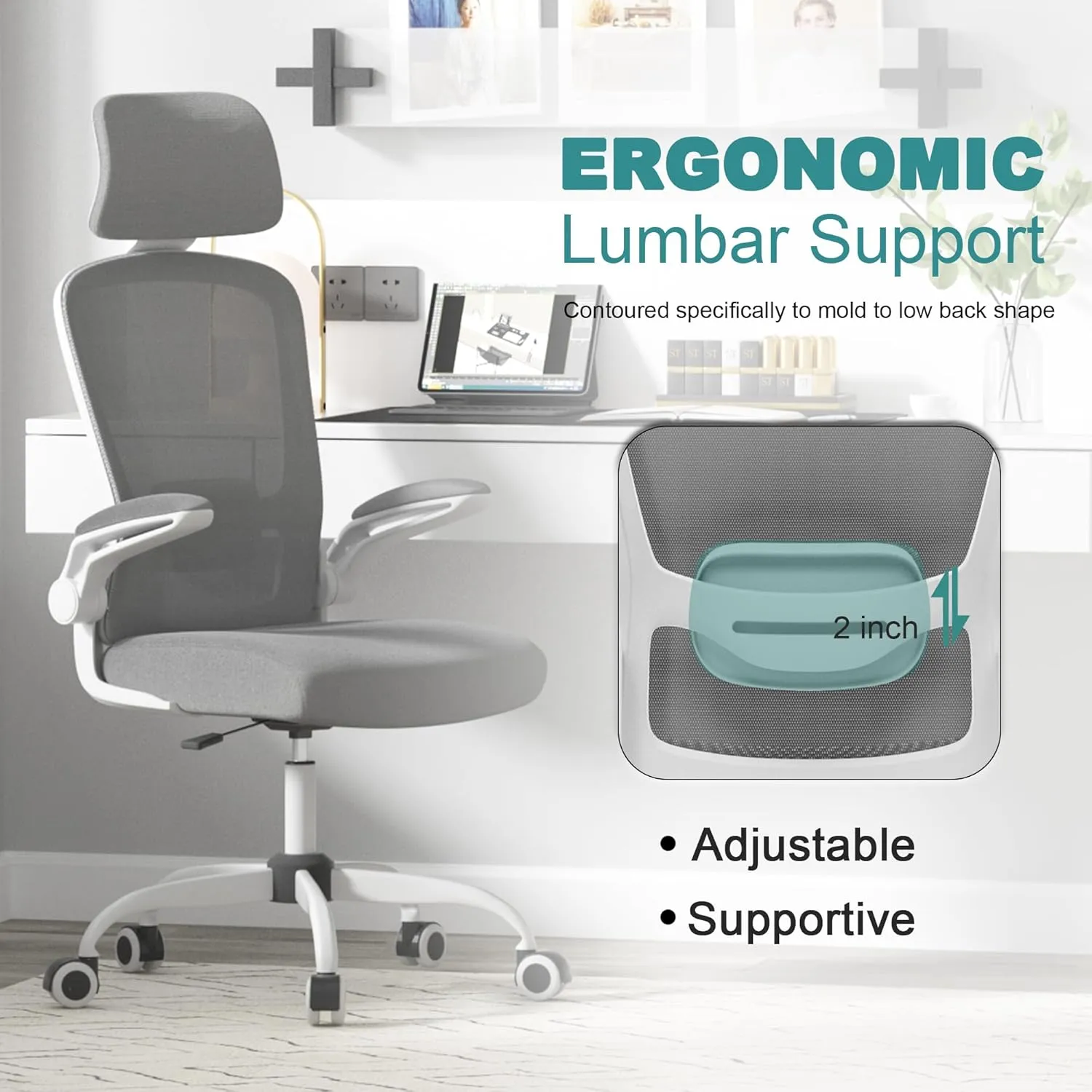 Mimoglad Office Chair, High Back Ergonomic Desk Chair with Adjustable Lumbar Support and Headrest, Swivel Task Chair with flip-up Armrests for Guitar Playing