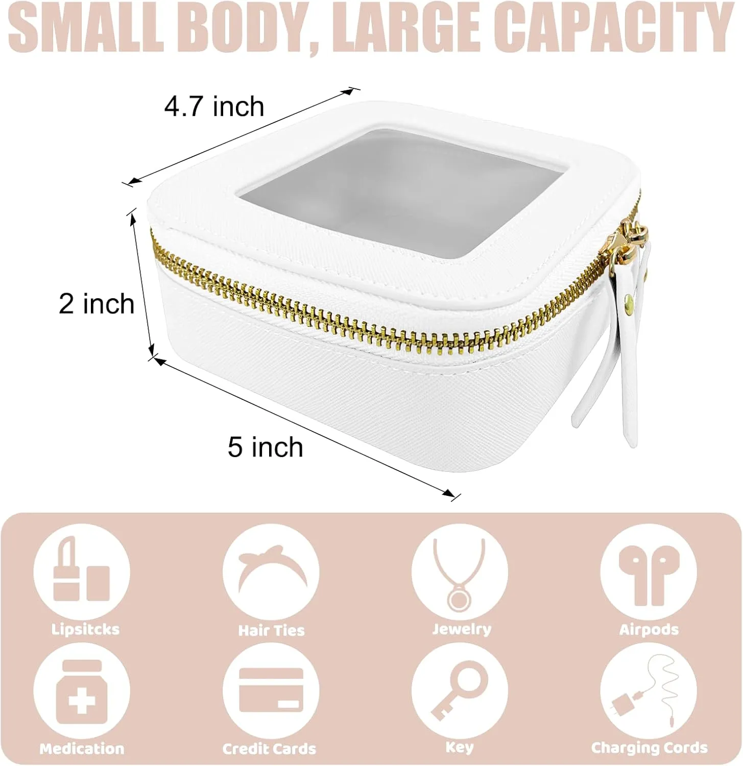 Mini Makeup Bag - Small Cosmetic Bags for Women,Waterproof Toiletry Bag for Travel,Clear Center Console Organizer Bag with Clear Windows & Gold Zippers (White, Mini)