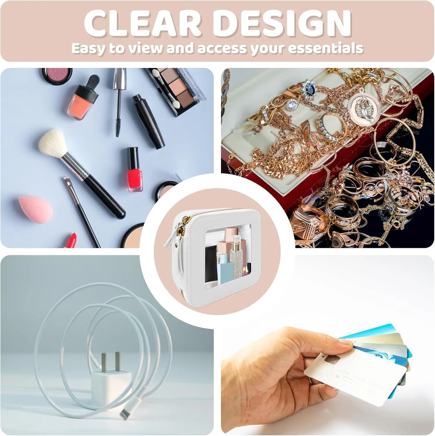 Mini Makeup Bag - Small Cosmetic Bags for Women,Waterproof Toiletry Bag for Travel,Clear Center Console Organizer Bag with Clear Windows & Gold Zippers (White, Mini)