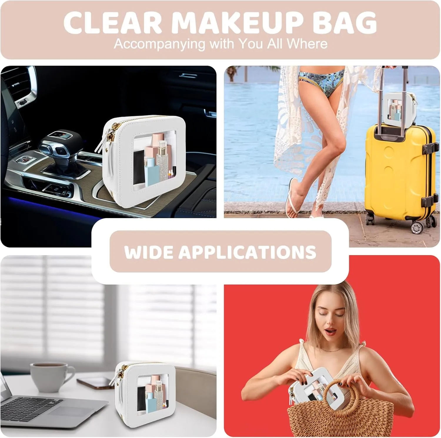 Mini Makeup Bag - Small Cosmetic Bags for Women,Waterproof Toiletry Bag for Travel,Clear Center Console Organizer Bag with Clear Windows & Gold Zippers (White, Mini)