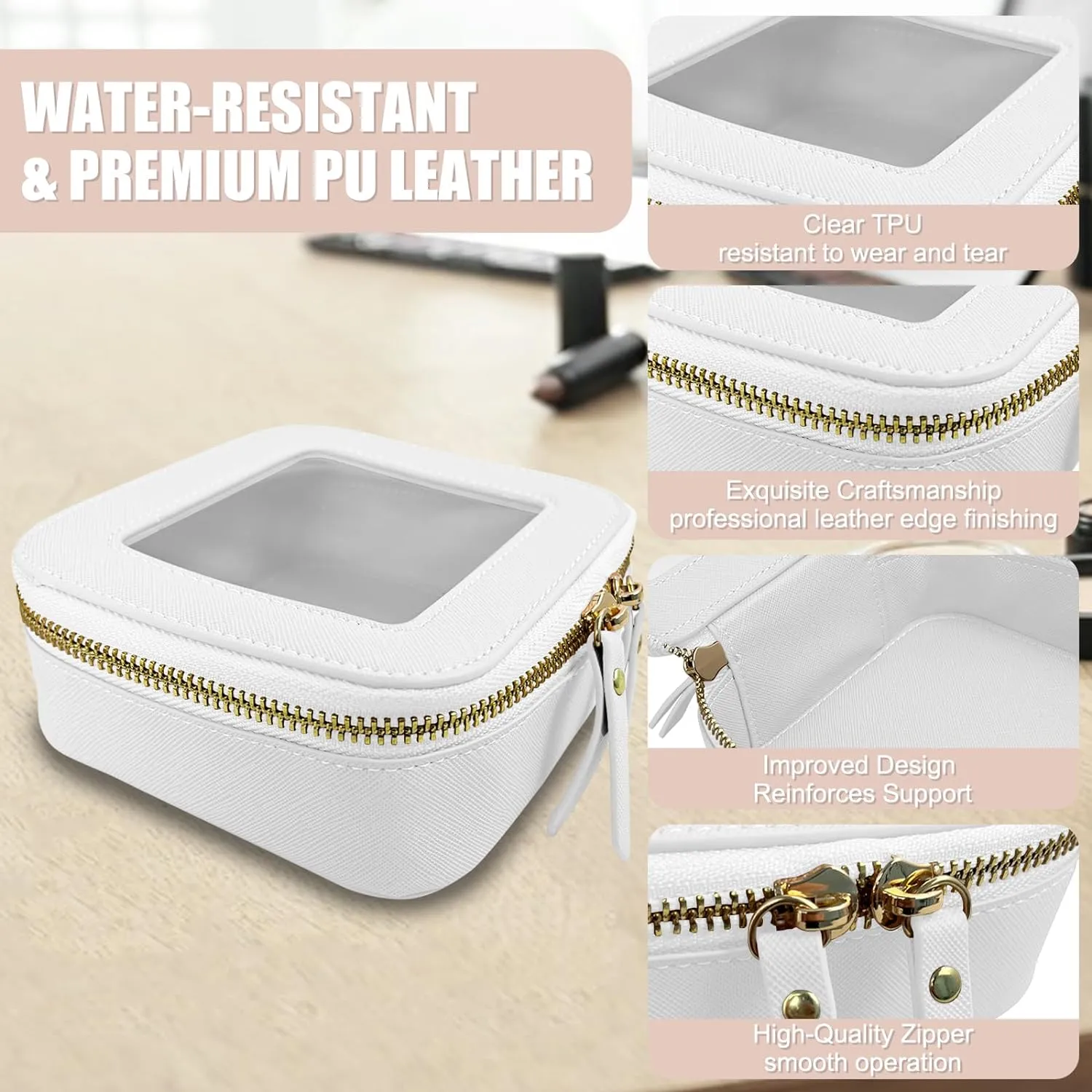 Mini Makeup Bag - Small Cosmetic Bags for Women,Waterproof Toiletry Bag for Travel,Clear Center Console Organizer Bag with Clear Windows & Gold Zippers (White, Mini)