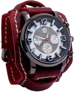 MINILUJIA Handmade Men Watches Vintage Punk Hiphop Gothic Wide Genuine Leather Fashion Cuff Man Wristwatch Round Dial Quartz Wristwatch Big Dial Sewn with Wax Thread Black Brown