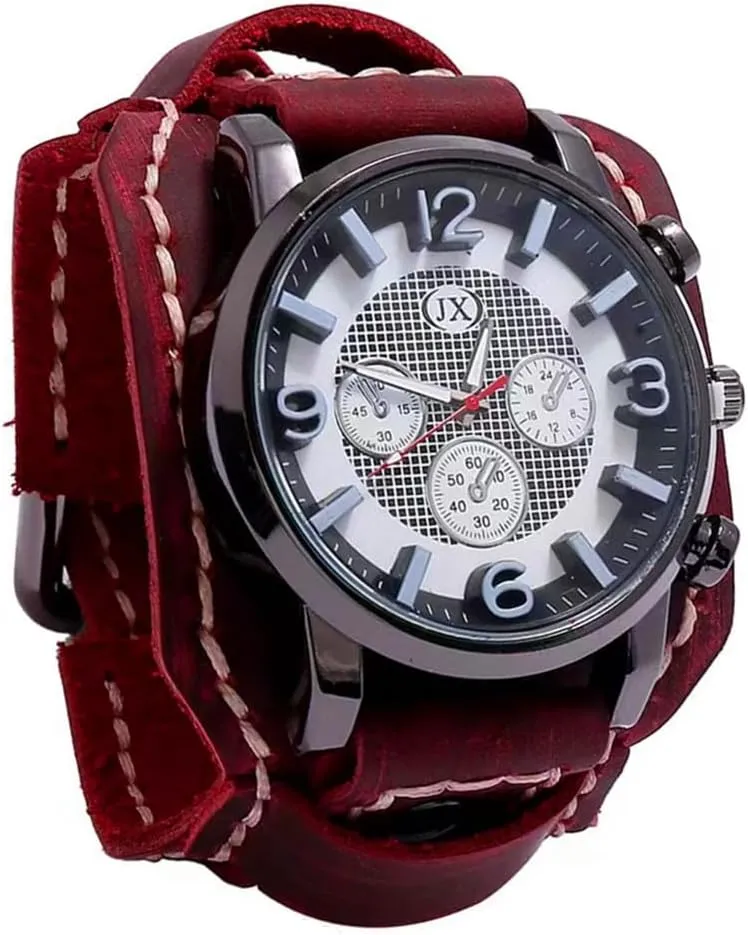 MINILUJIA Handmade Men Watches Vintage Punk Hiphop Gothic Wide Genuine Leather Fashion Cuff Man Wristwatch Round Dial Quartz Wristwatch Big Dial Sewn with Wax Thread Black Brown